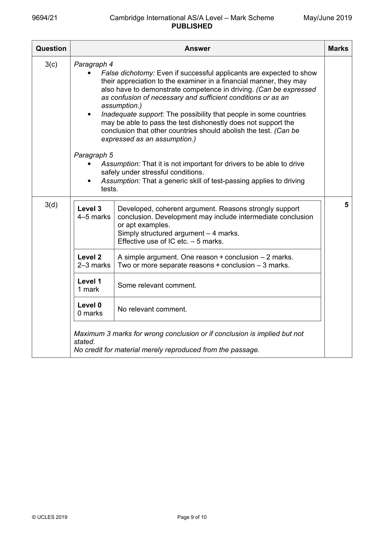 Mark scheme, page 9 of 10