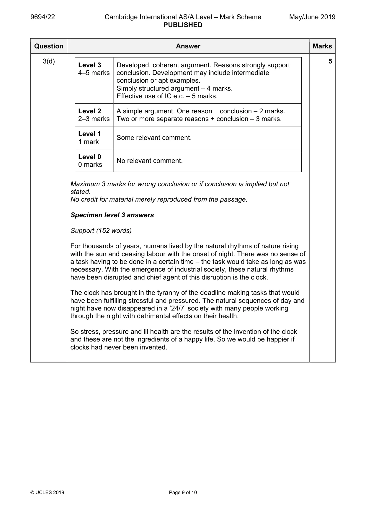 Mark scheme, page 9 of 10