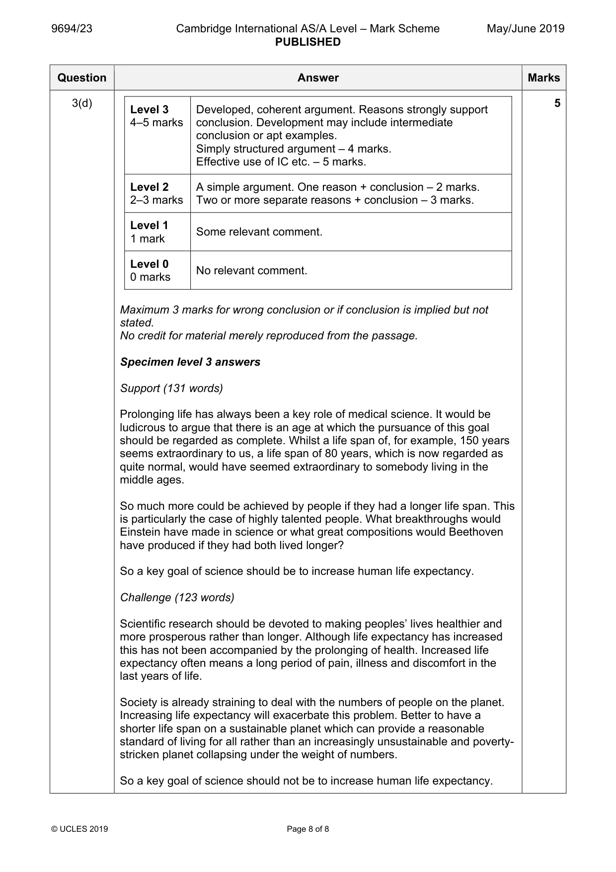 Mark scheme, page 8 of 8