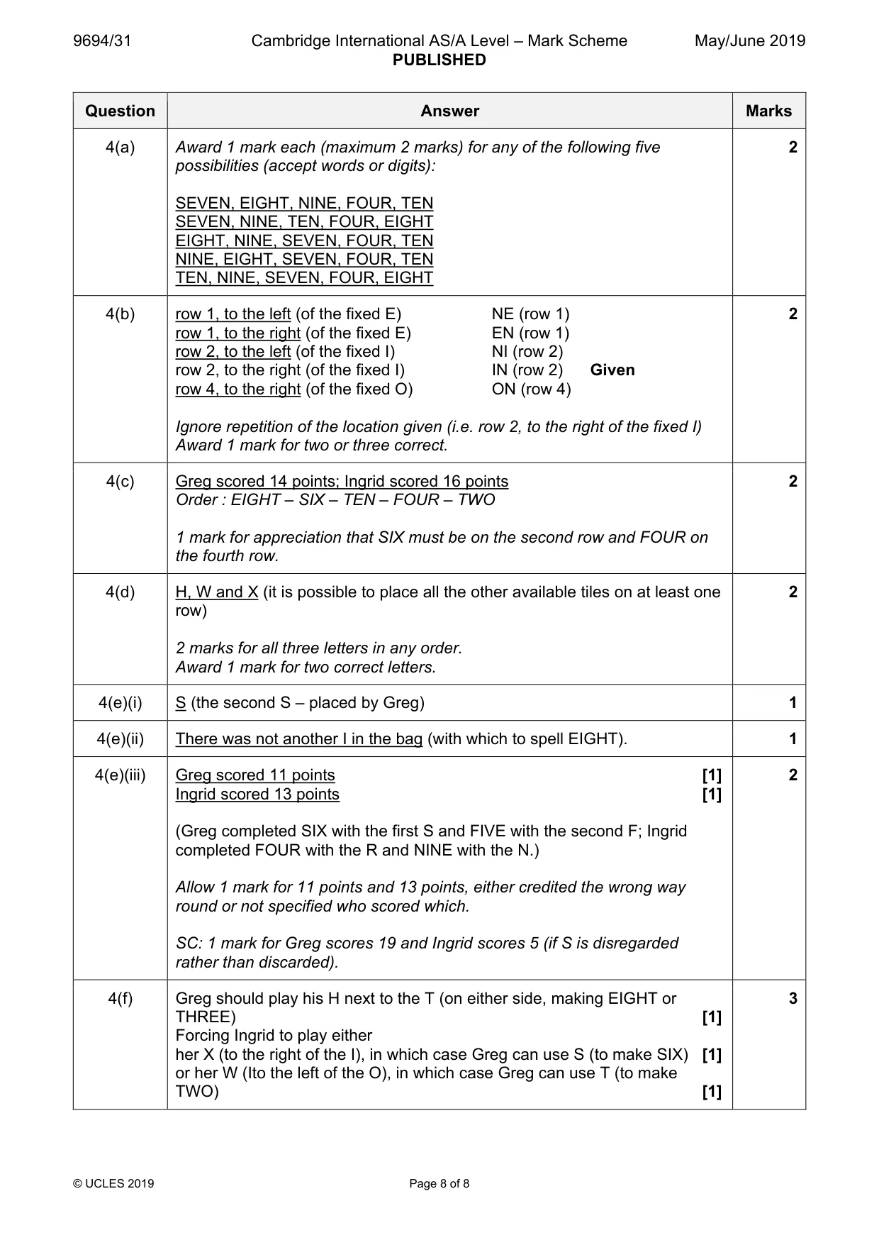 Mark scheme, page 8 of 8