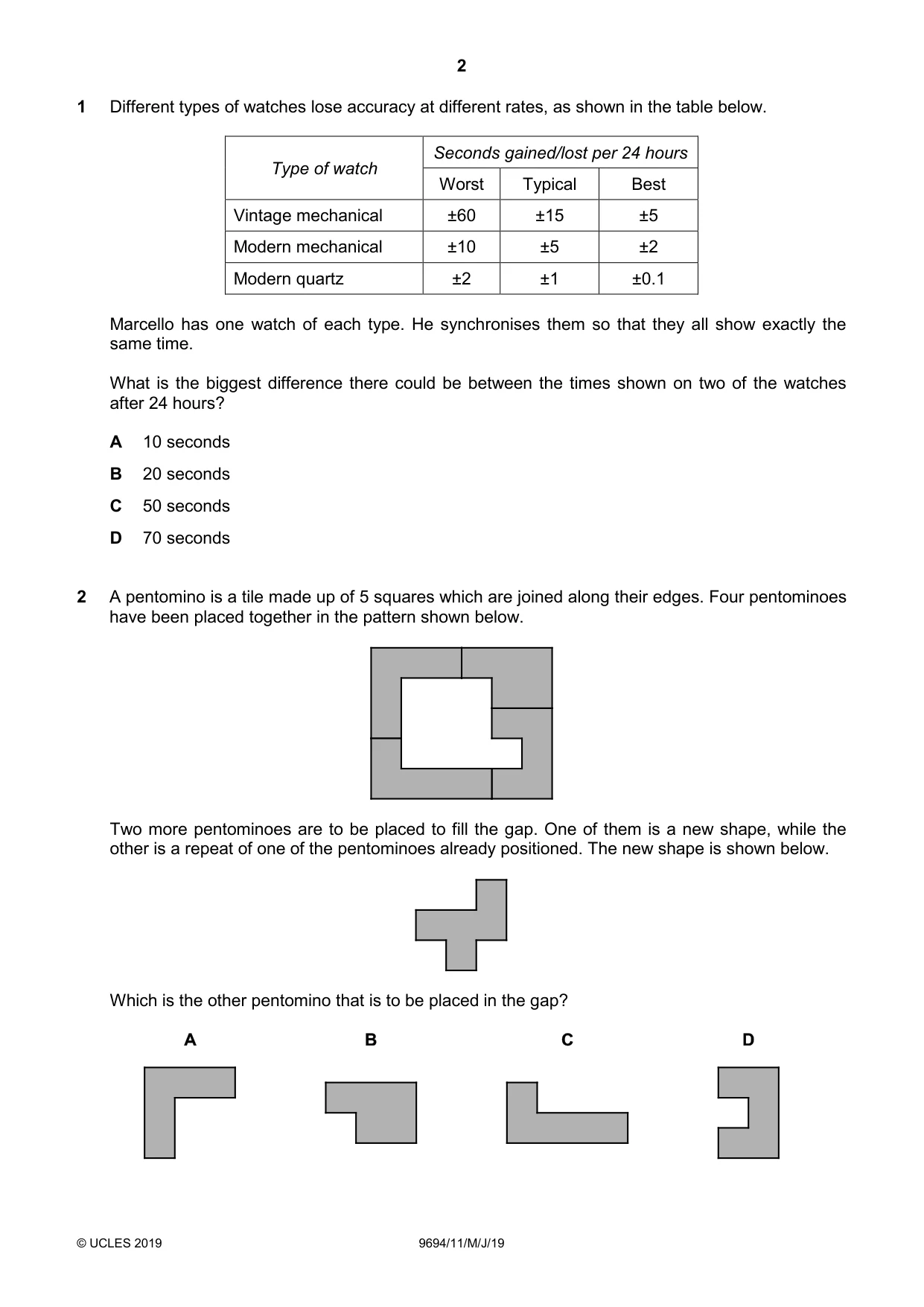 Cambridge A Level Thinking Skills 9694 2019 May/June Paper 1 · Variant 1 question paper, page 2 of 24
