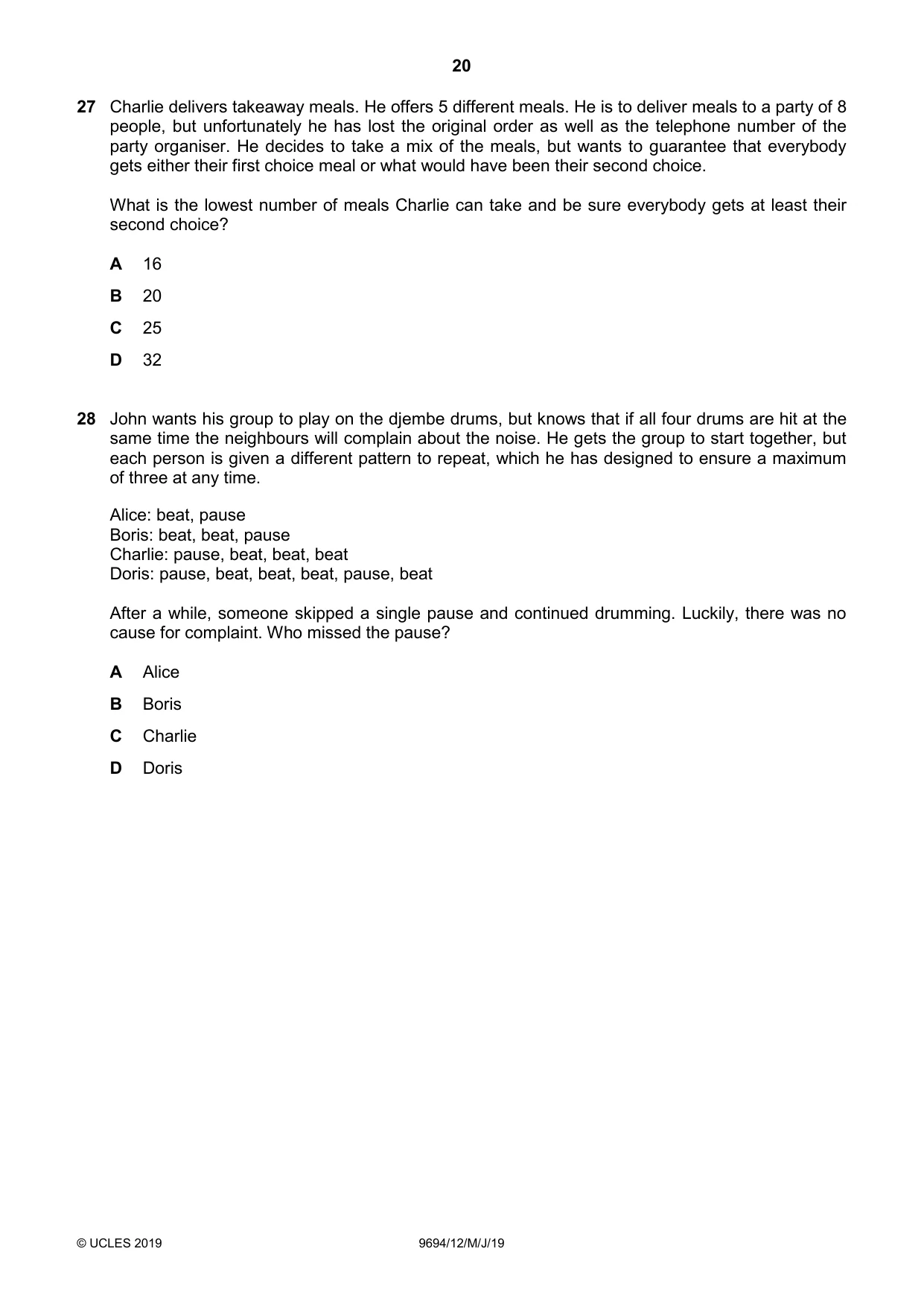 Cambridge A Level Thinking Skills 9694 2019 May/June Paper 1 · Variant 2 question paper, page 20 of 24