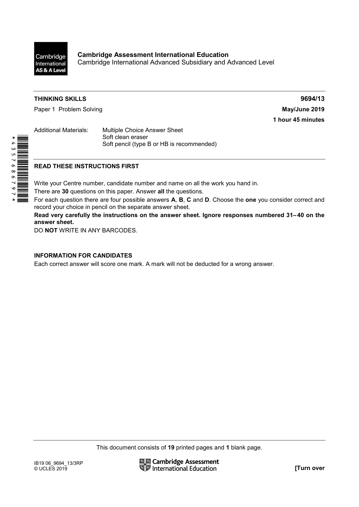 Cambridge A Level Thinking Skills 9694 2019 May/June Paper 1 · Variant 3 question paper, page 1 of 20