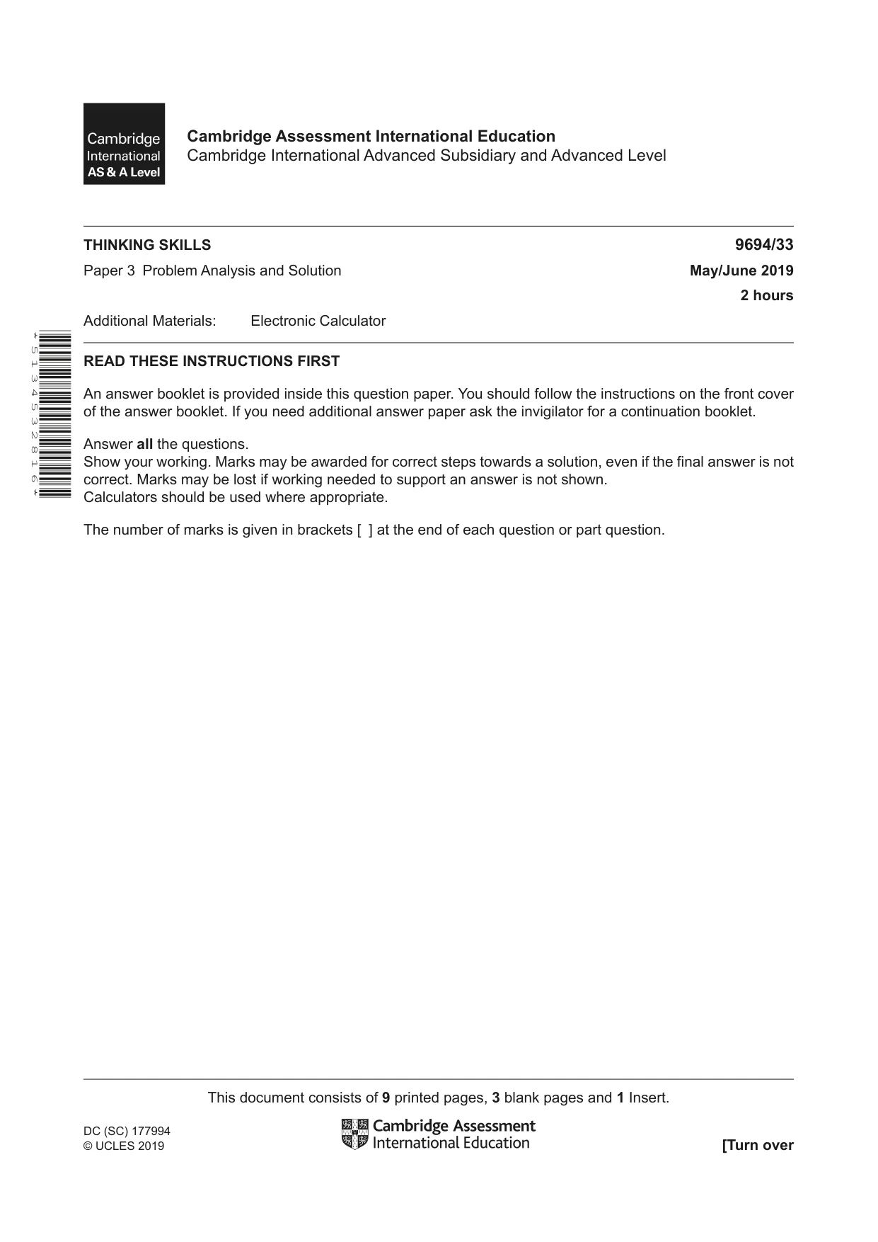 Cambridge A Level Thinking Skills 9694 2019 May/June Paper 3 · Variant 3 question paper, page 1 of 12