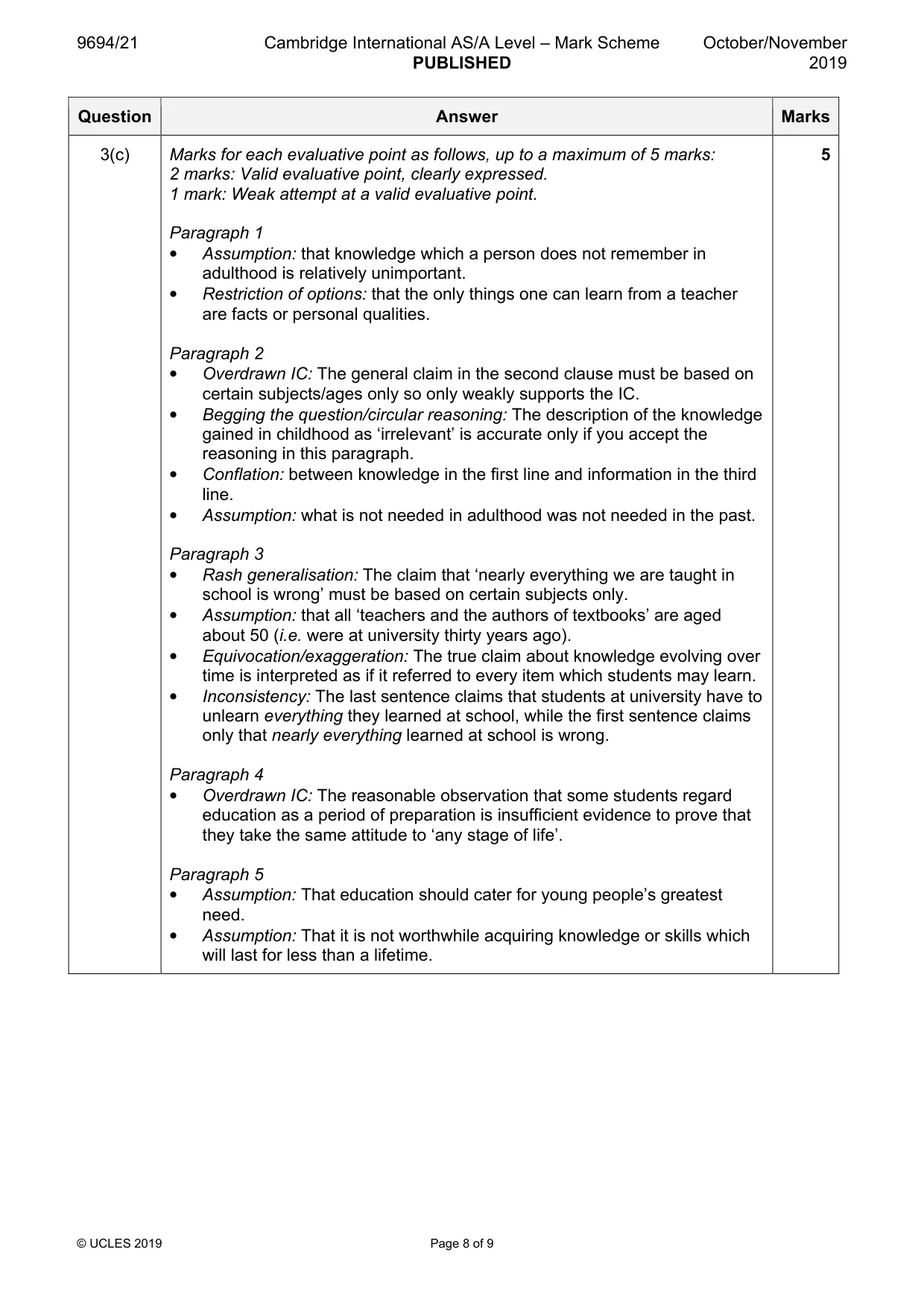 Mark scheme, page 8 of 9