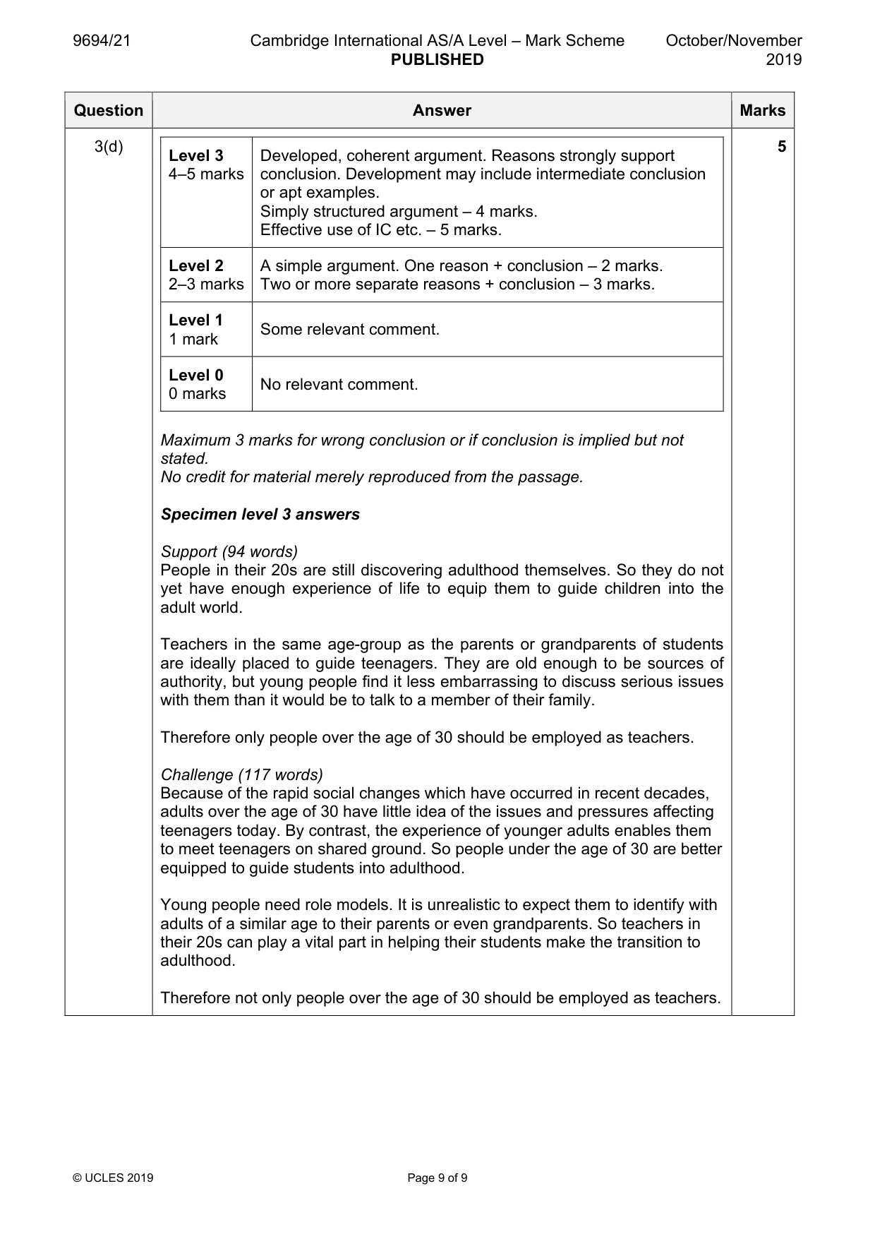 Mark scheme, page 9 of 9