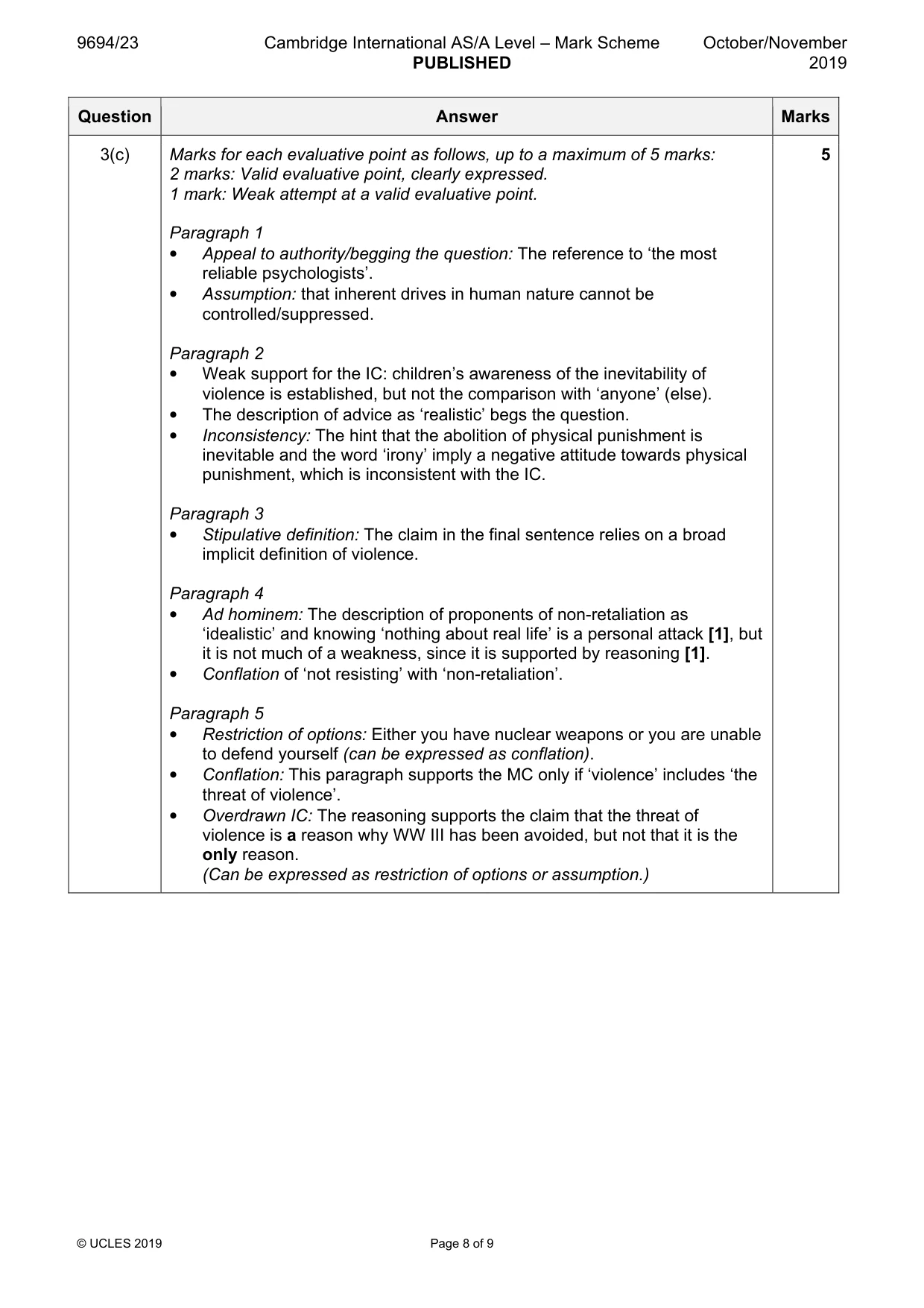 Mark scheme, page 8 of 9