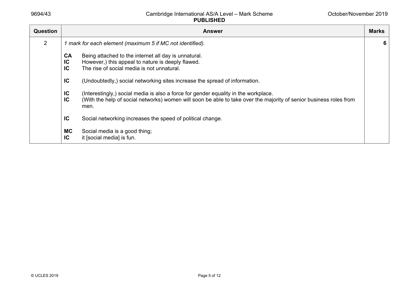 Mark scheme, page 5 of 12