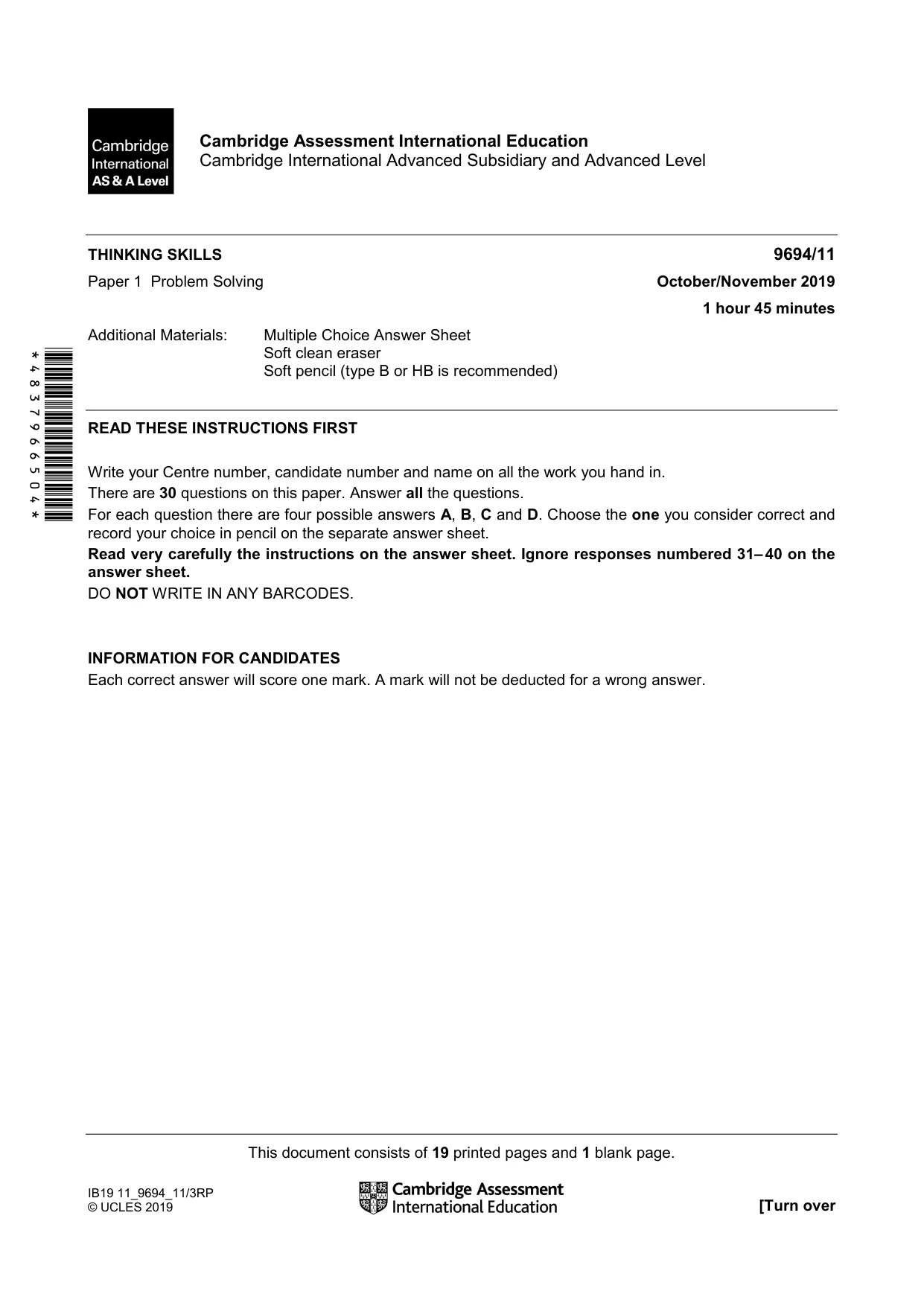 Cambridge A Level Thinking Skills 9694 2019 Oct/Nov Paper 1 · Variant 1 question paper, page 1 of 20