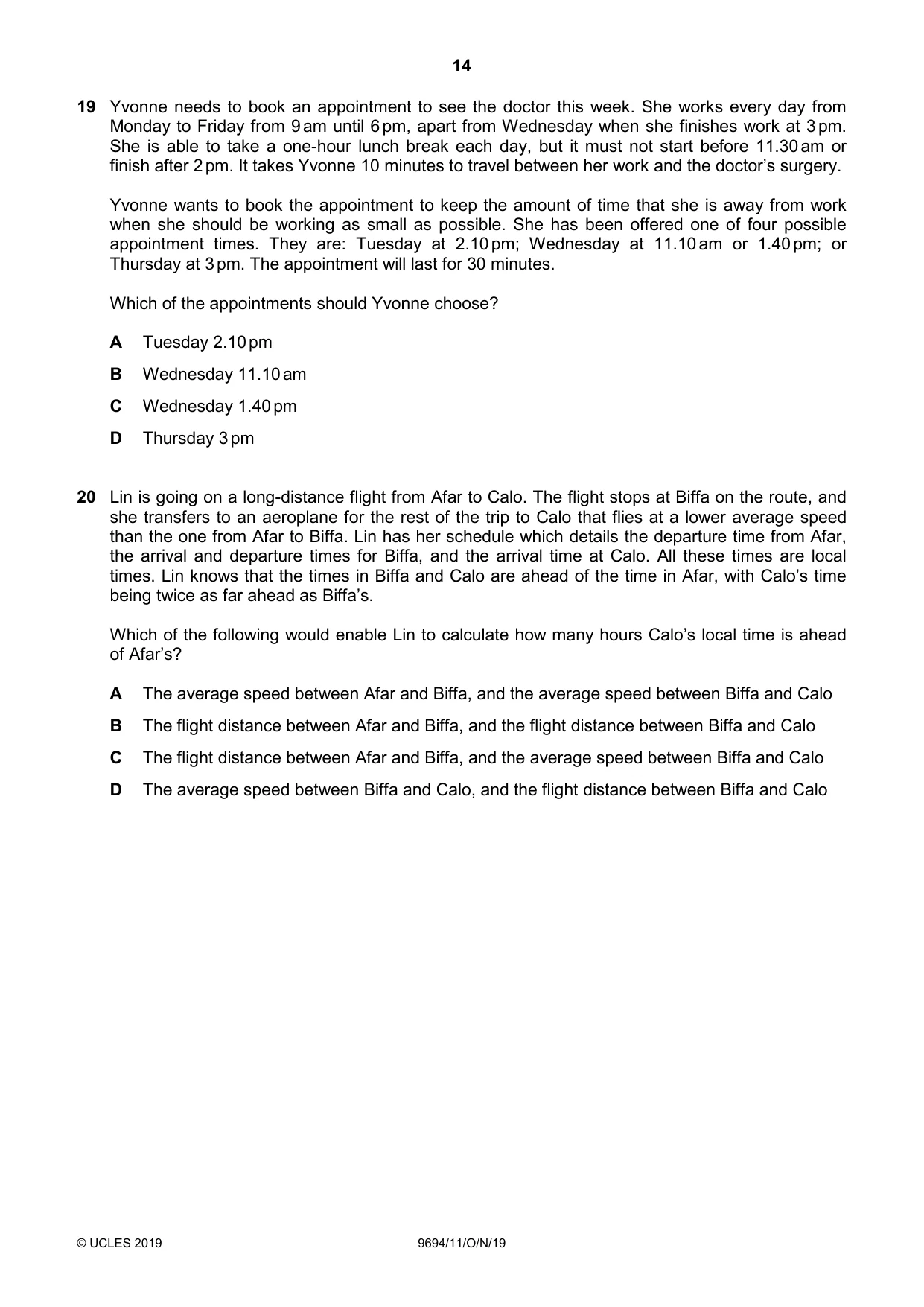 Cambridge A Level Thinking Skills 9694 2019 Oct/Nov Paper 1 · Variant 1 question paper, page 14 of 20