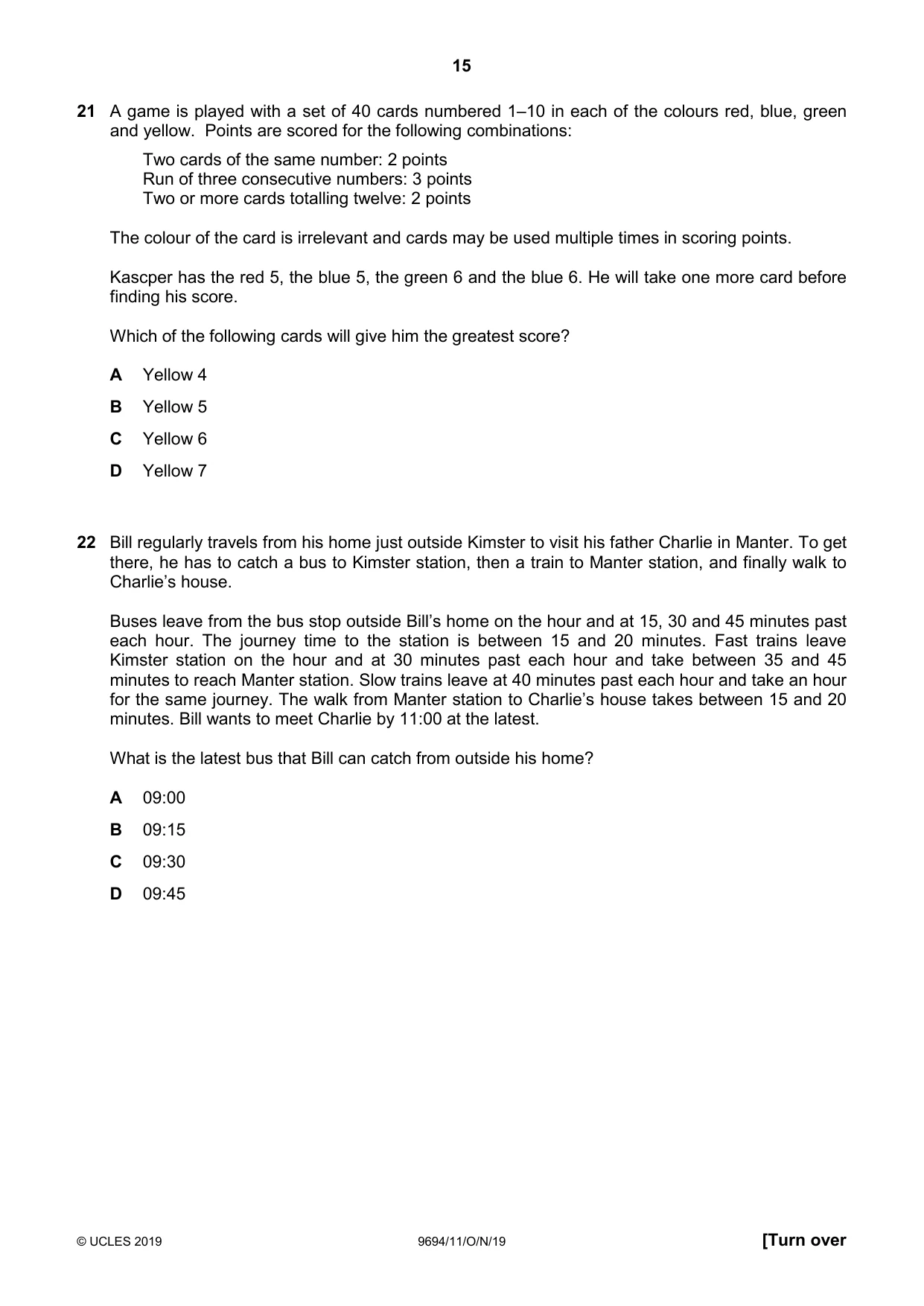 Cambridge A Level Thinking Skills 9694 2019 Oct/Nov Paper 1 · Variant 1 question paper, page 15 of 20