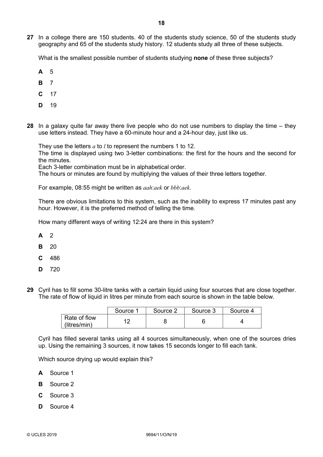 Cambridge A Level Thinking Skills 9694 2019 Oct/Nov Paper 1 · Variant 1 question paper, page 18 of 20