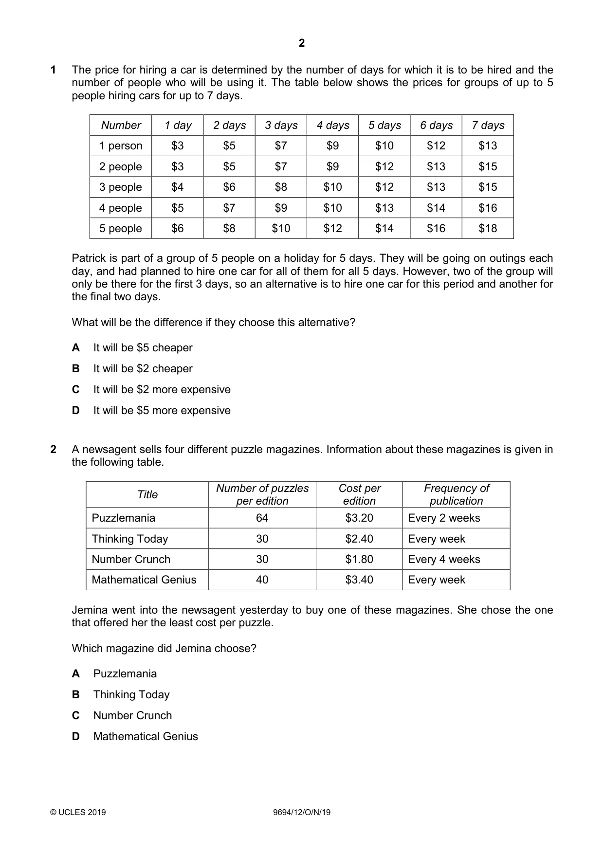 Cambridge A Level Thinking Skills 9694 2019 Oct/Nov Paper 1 · Variant 2 question paper, page 2 of 20