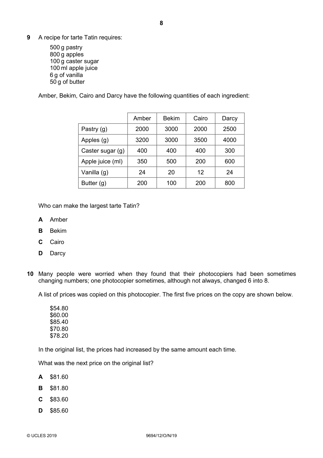 Cambridge A Level Thinking Skills 9694 2019 Oct/Nov Paper 1 · Variant 2 question paper, page 8 of 20