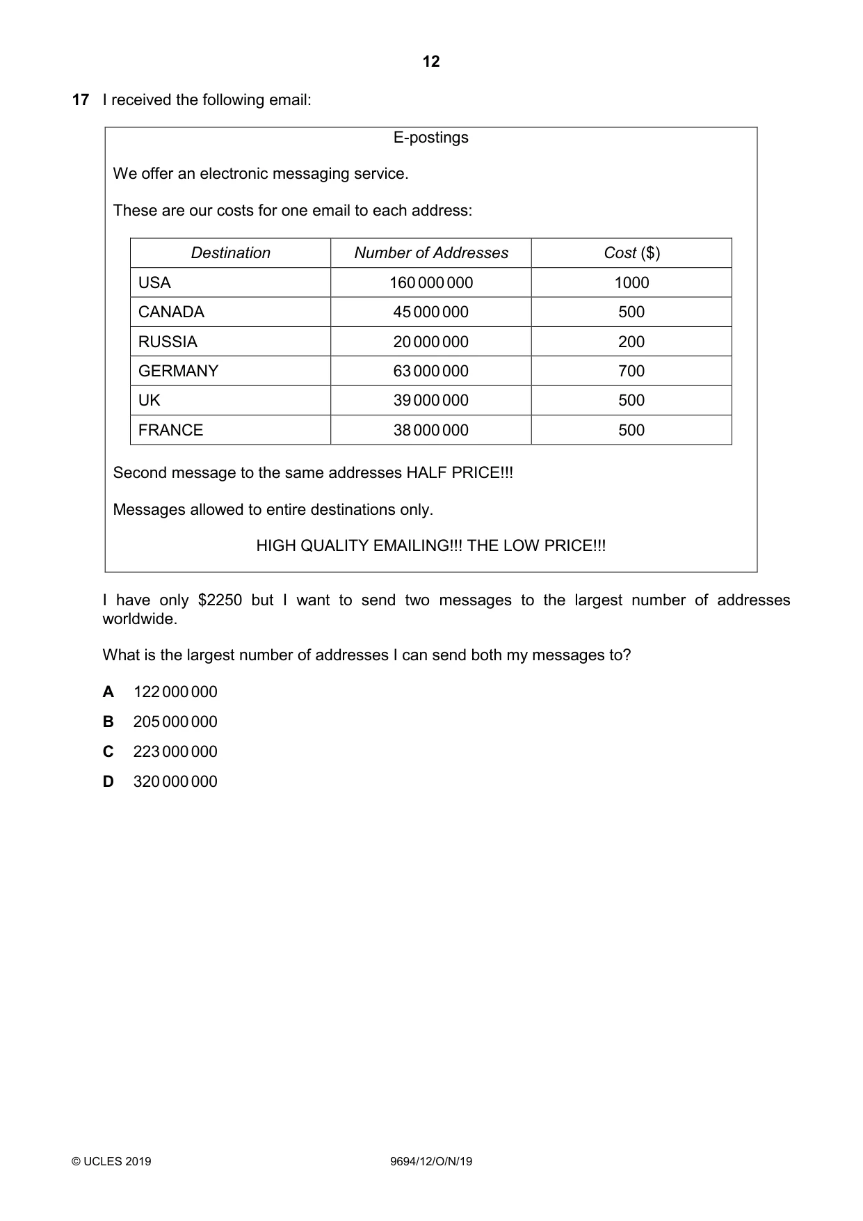 Cambridge A Level Thinking Skills 9694 2019 Oct/Nov Paper 1 · Variant 2 question paper, page 12 of 20