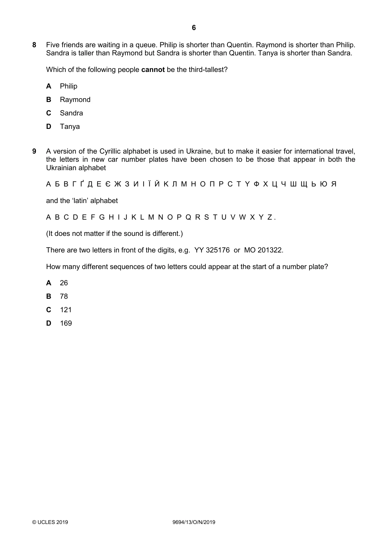 Cambridge A Level Thinking Skills 9694 2019 Oct/Nov Paper 1 · Variant 3 question paper, page 6 of 20