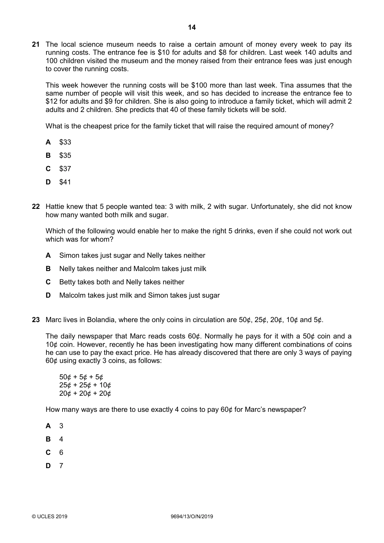 Cambridge A Level Thinking Skills 9694 2019 Oct/Nov Paper 1 · Variant 3 question paper, page 14 of 20