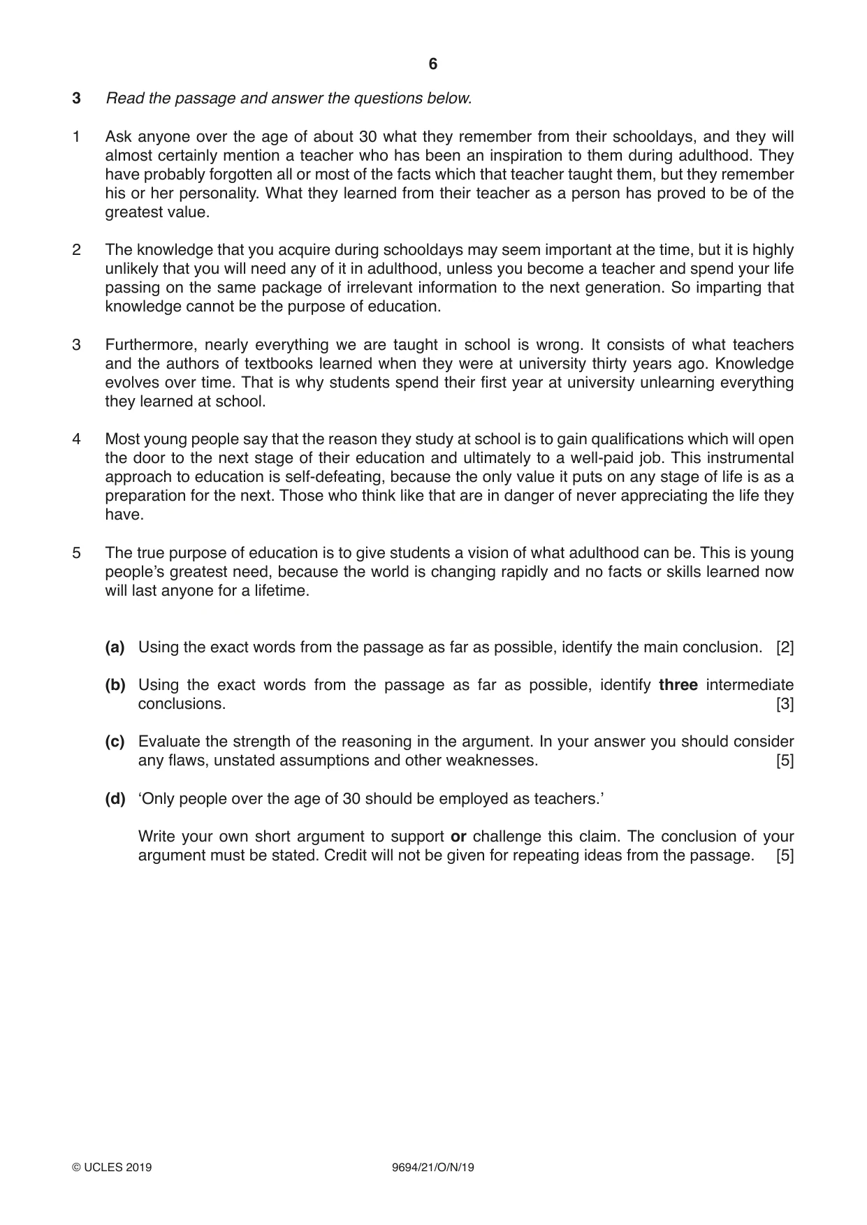 Cambridge A Level Thinking Skills 9694 2019 Oct/Nov Paper 2 · Variant 1 question paper, page 6 of 8