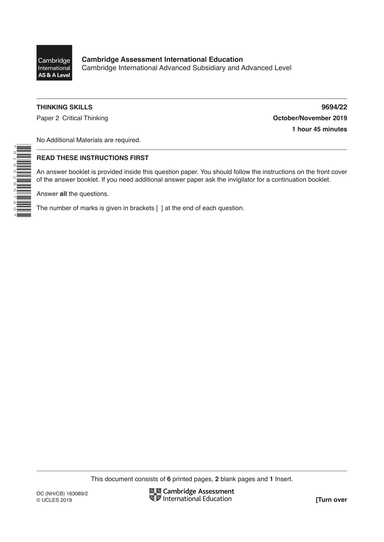 Cambridge A Level Thinking Skills 9694 2019 Oct/Nov Paper 2 · Variant 2 question paper, page 1 of 8