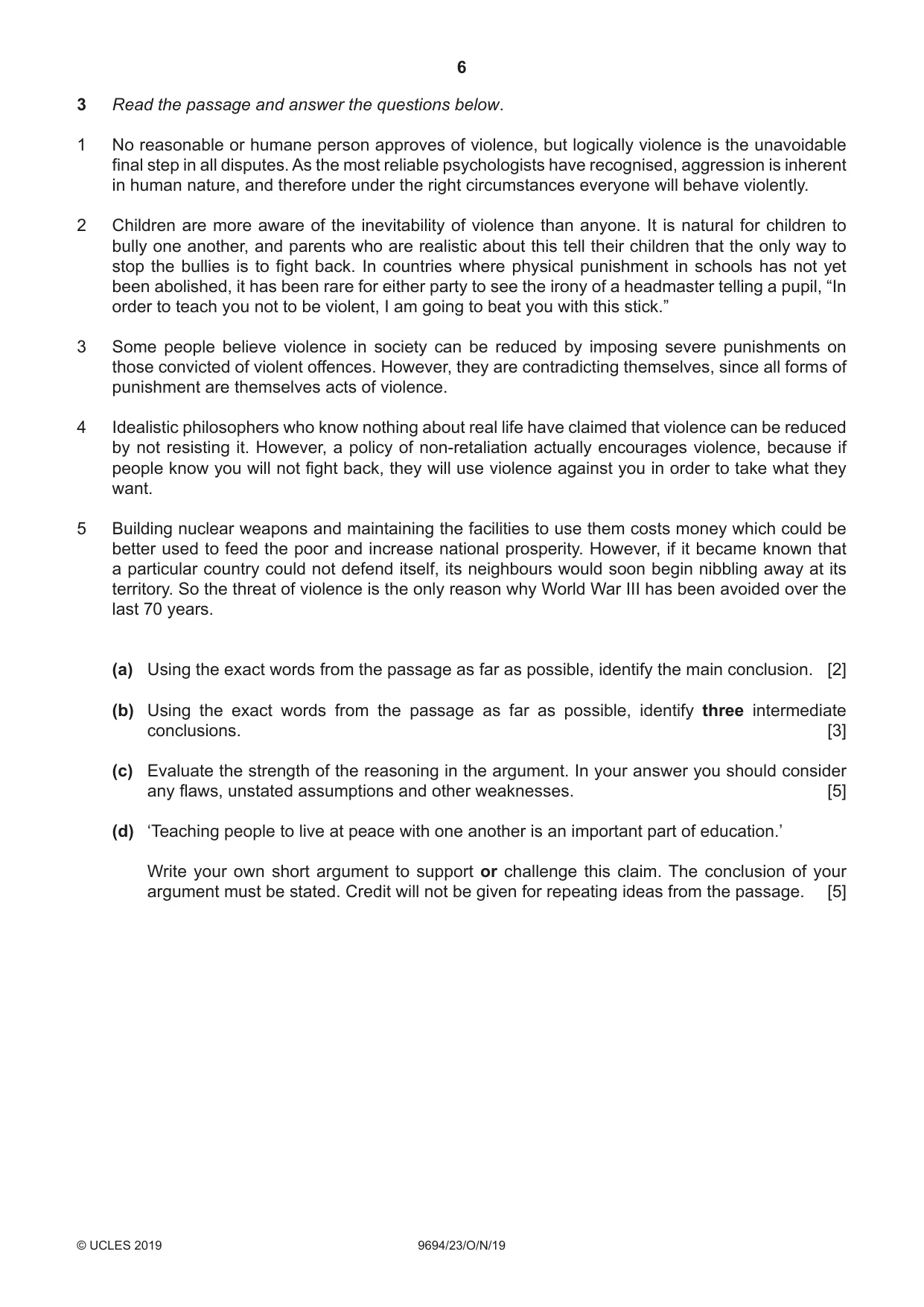 Cambridge A Level Thinking Skills 9694 2019 Oct/Nov Paper 2 · Variant 3 question paper, page 6 of 8