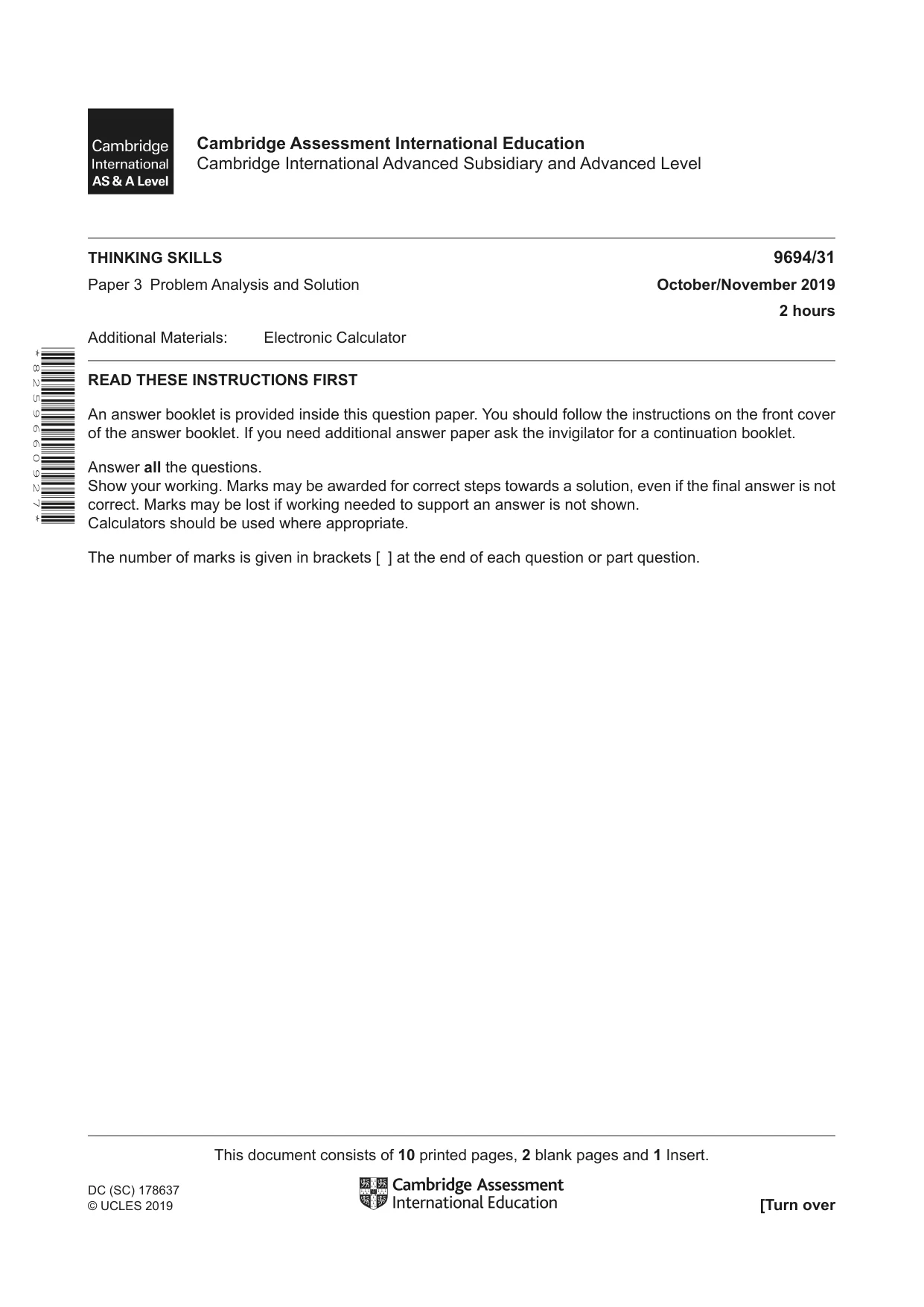 Cambridge A Level Thinking Skills 9694 2019 Oct/Nov Paper 3 · Variant 1 question paper, page 1 of 12