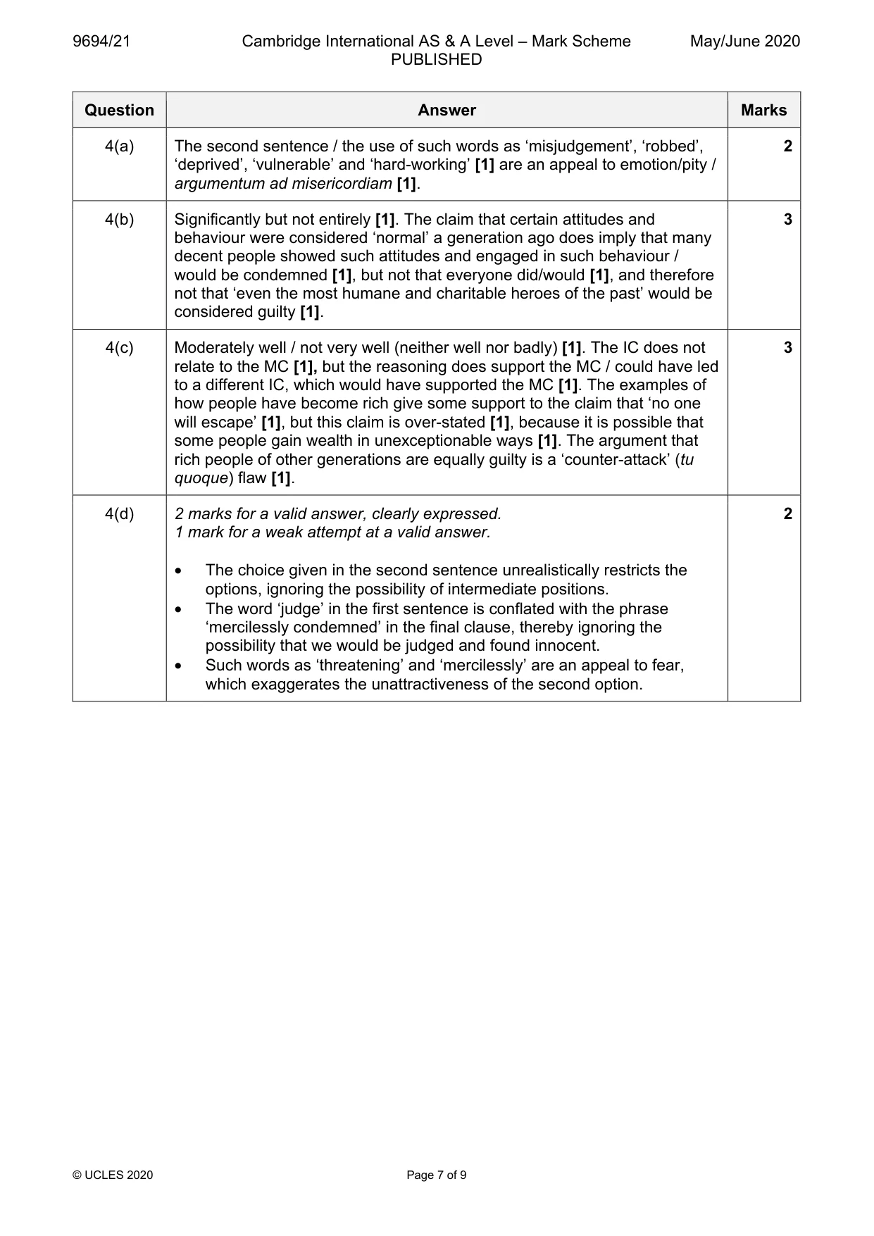 Mark scheme, page 7 of 9