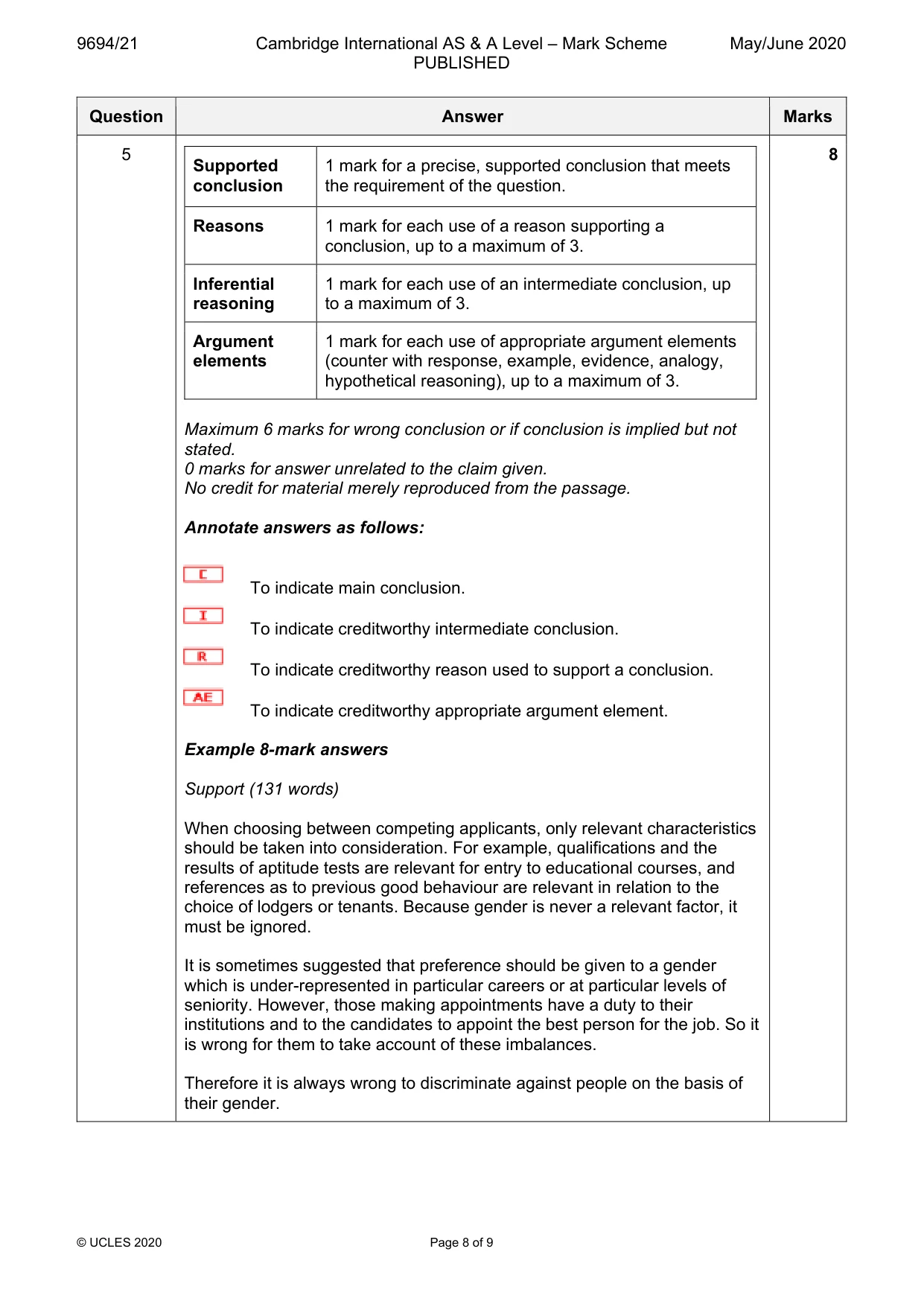 Mark scheme, page 8 of 9