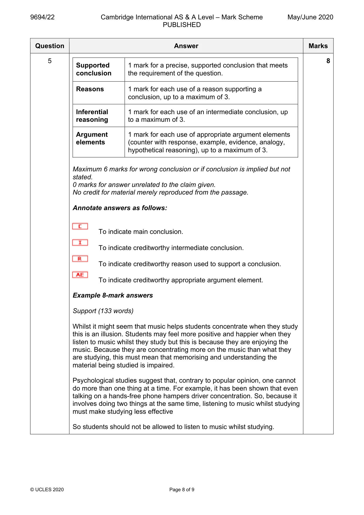 Mark scheme, page 8 of 9