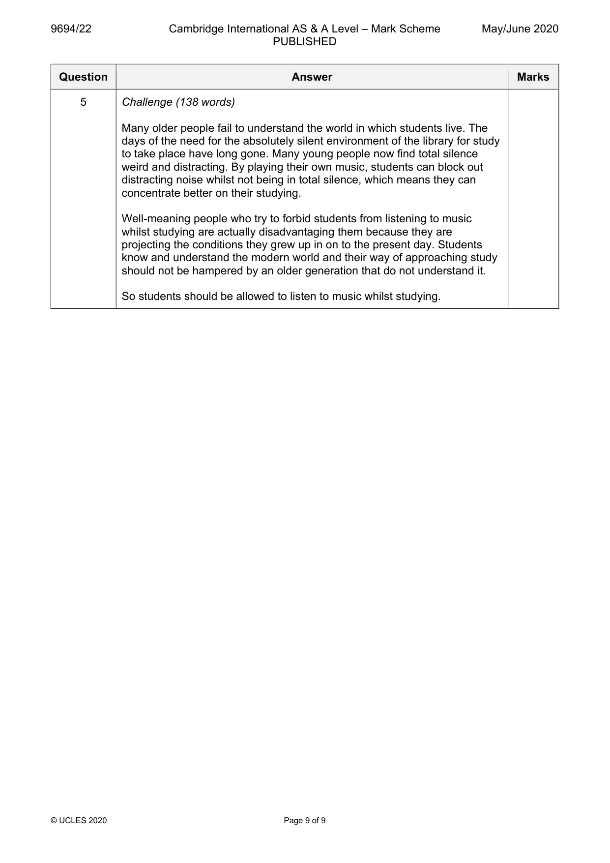 Mark scheme, page 9 of 9