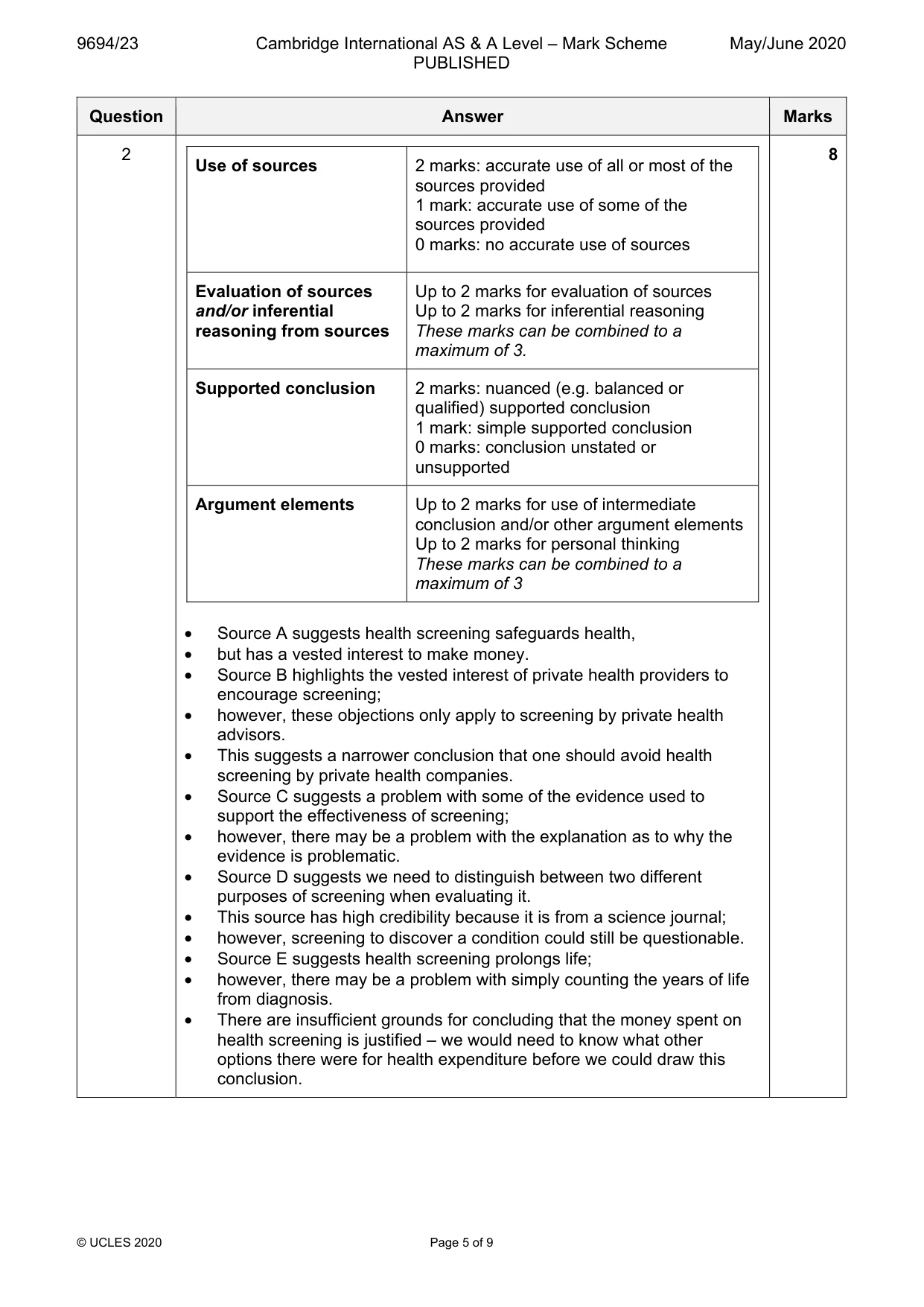 Mark scheme, page 5 of 9