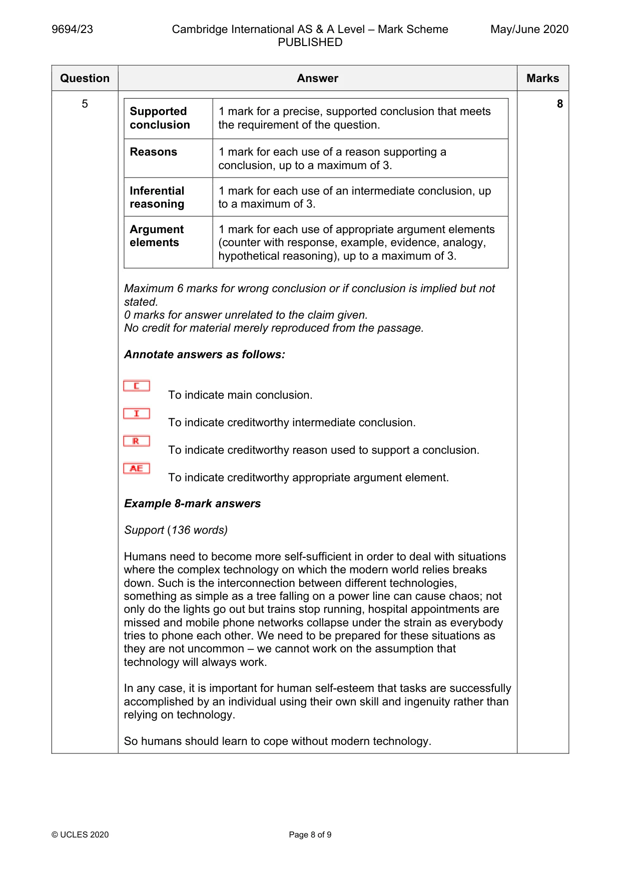 Mark scheme, page 8 of 9