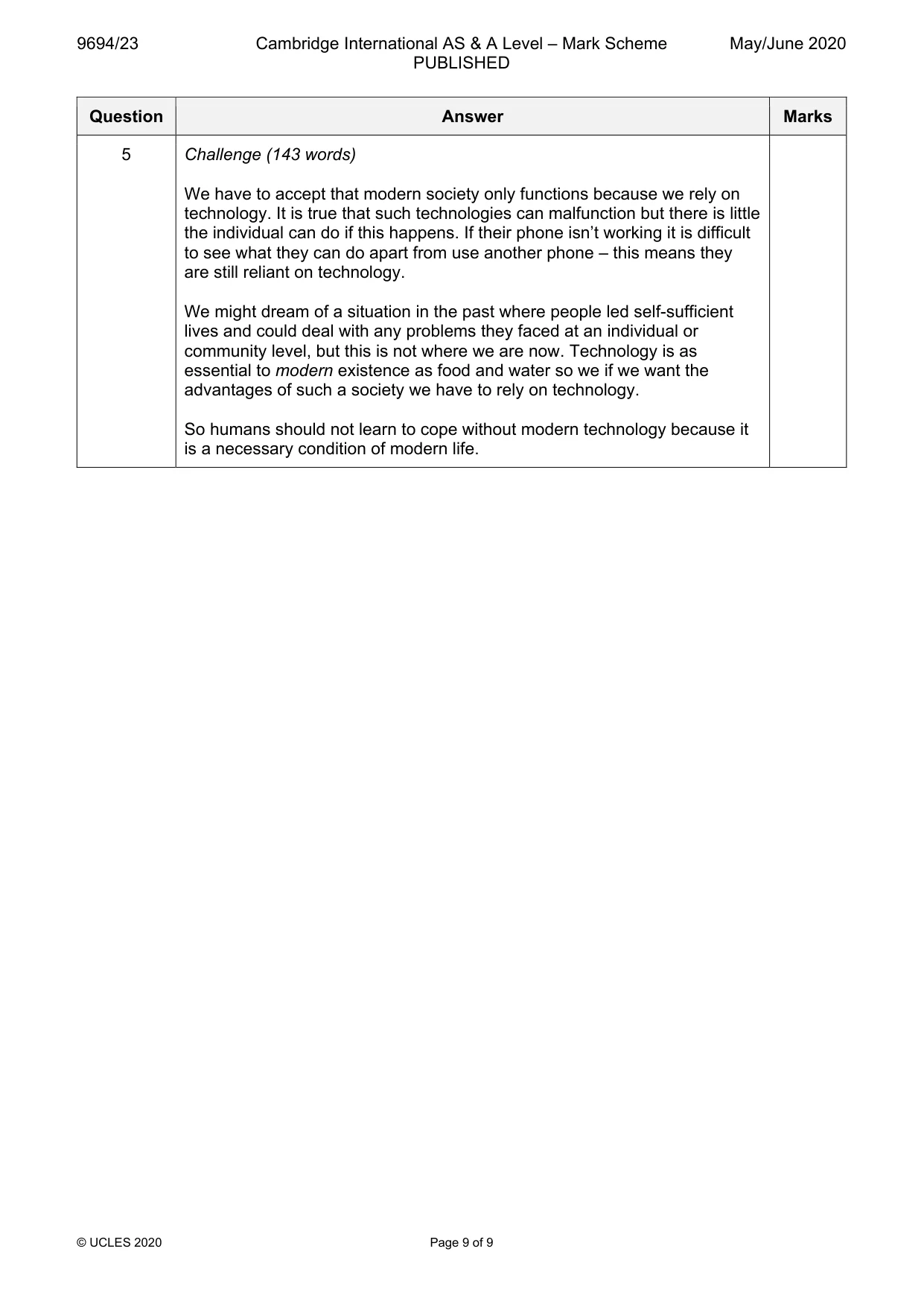 Mark scheme, page 9 of 9