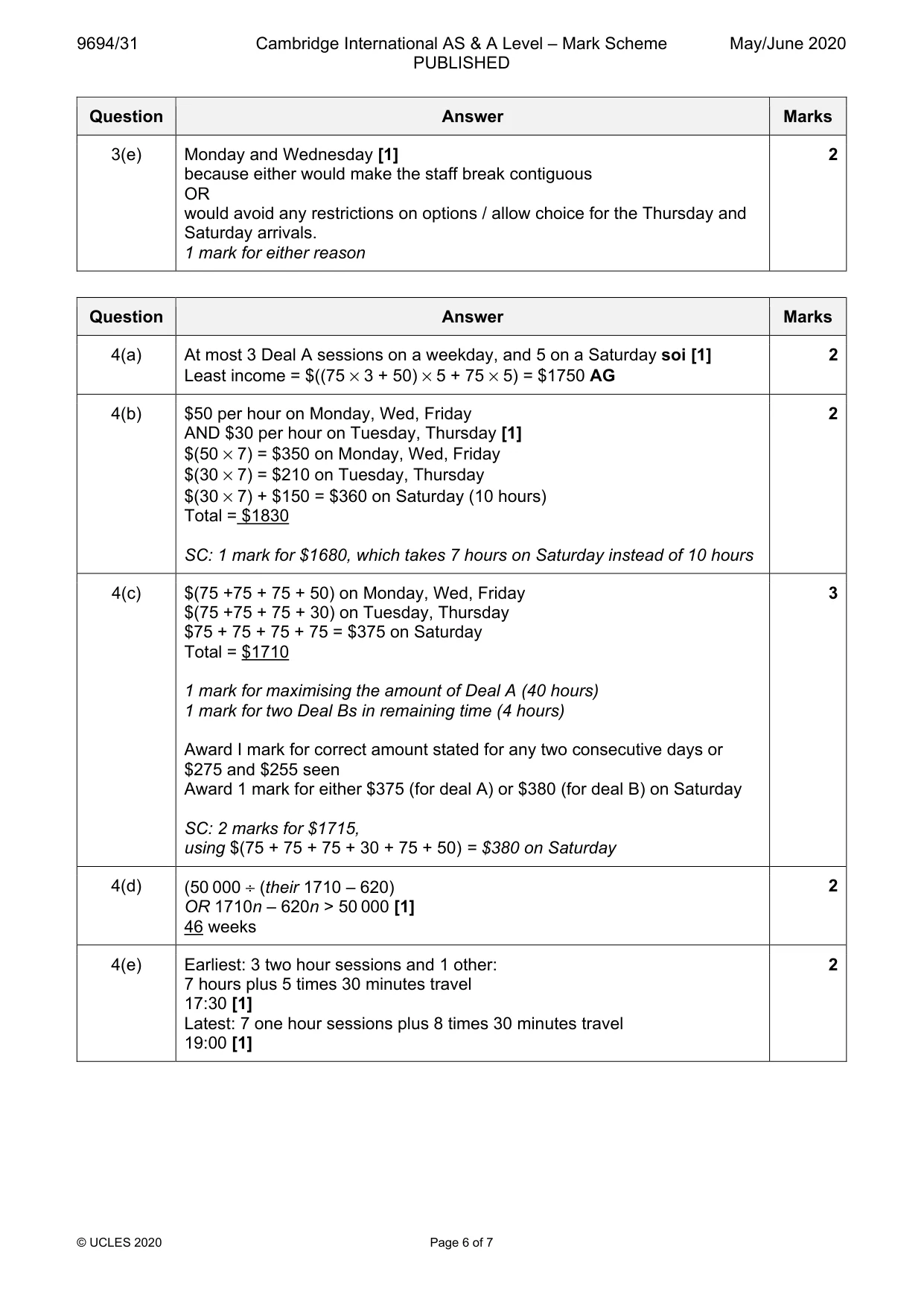 Mark scheme, page 6 of 7