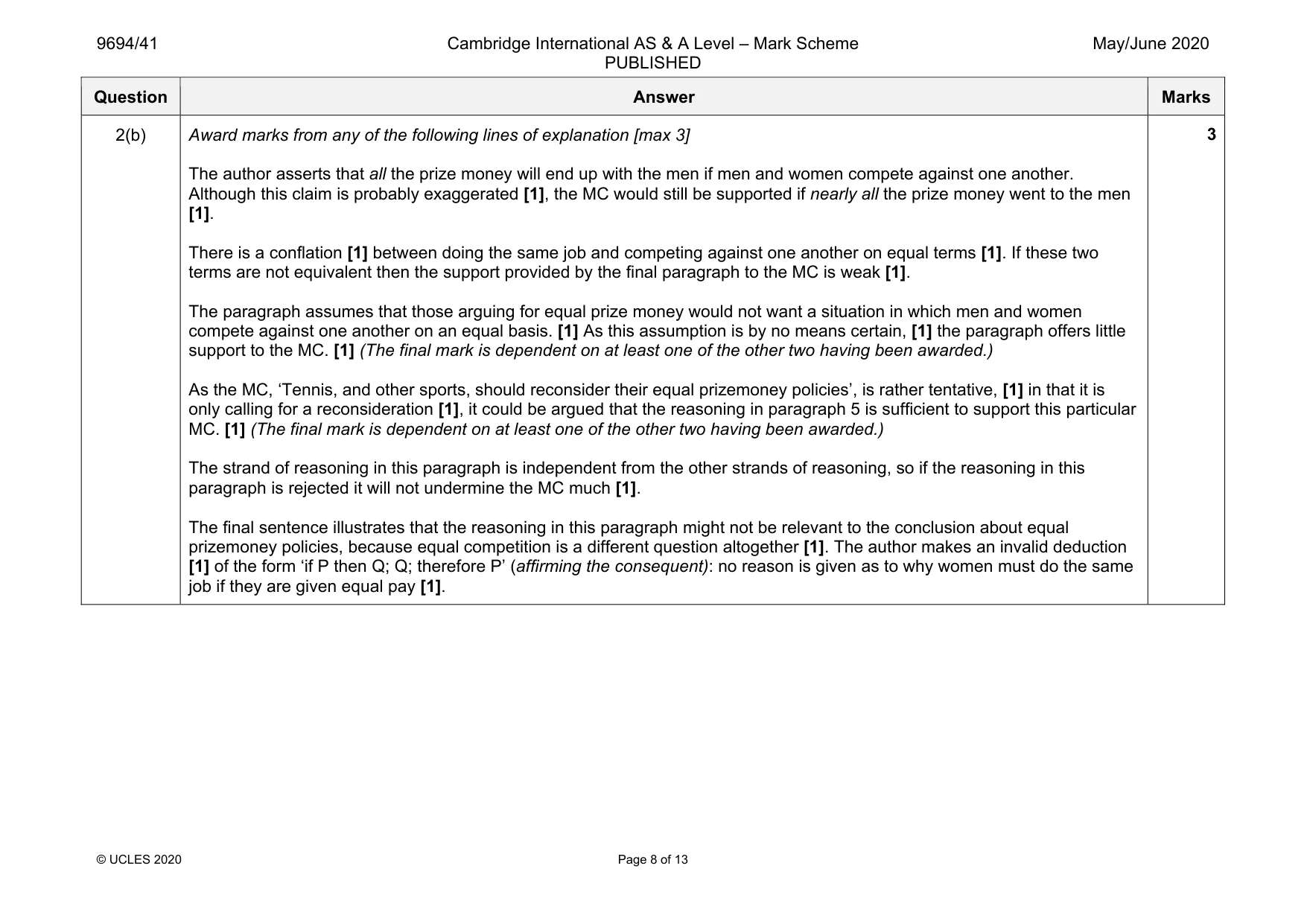 Mark scheme, page 8 of 13