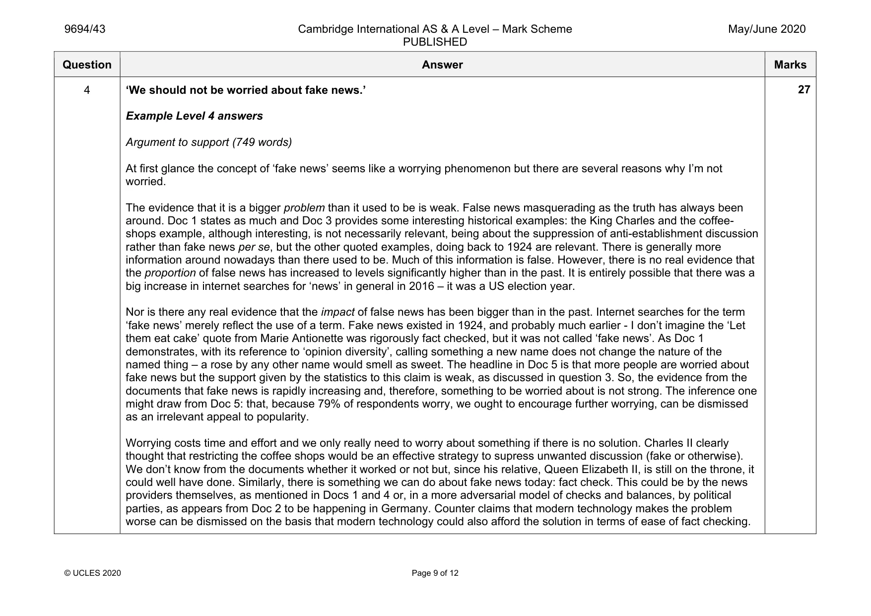 Mark scheme, page 9 of 12