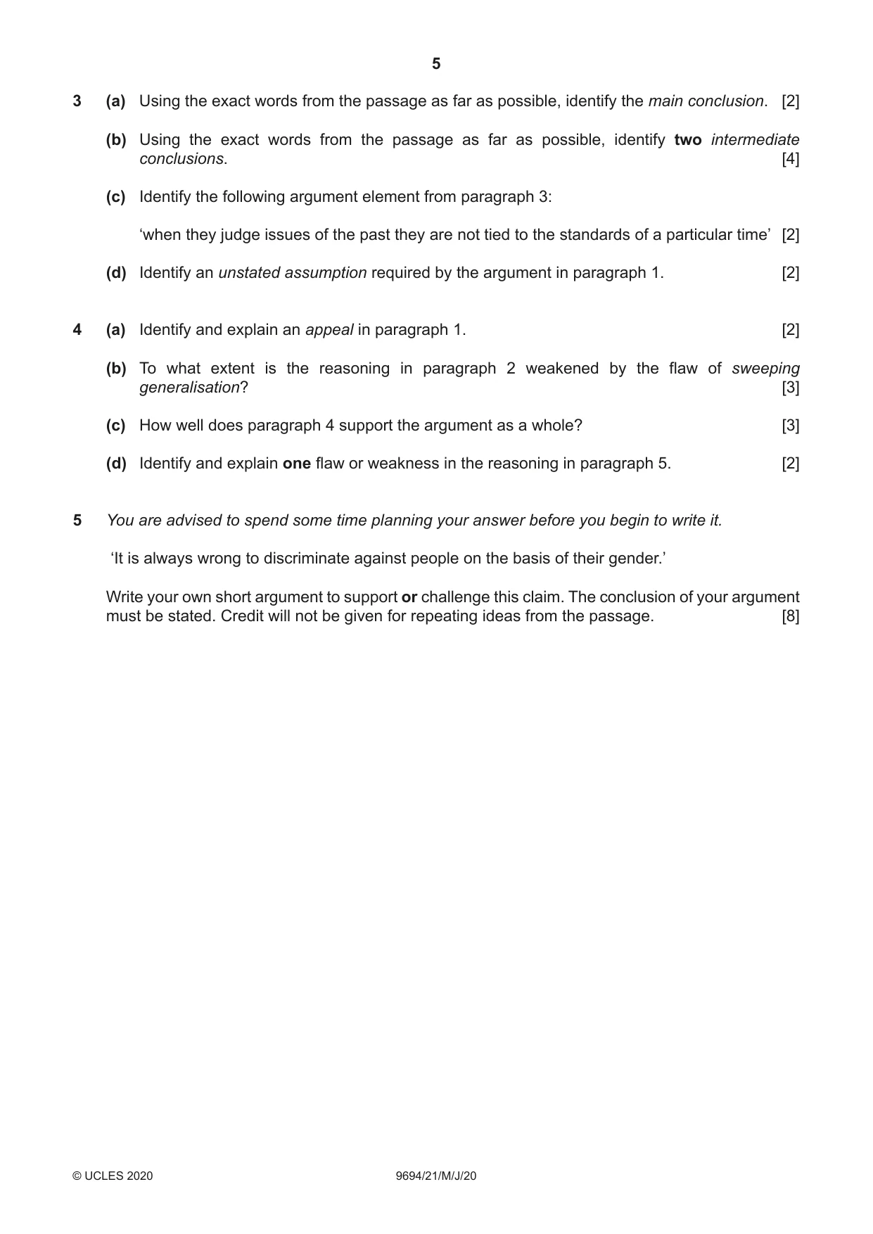 Cambridge A Level Thinking Skills 9694 2020 May/June Paper 2 · Variant 1 question paper, page 5 of 8