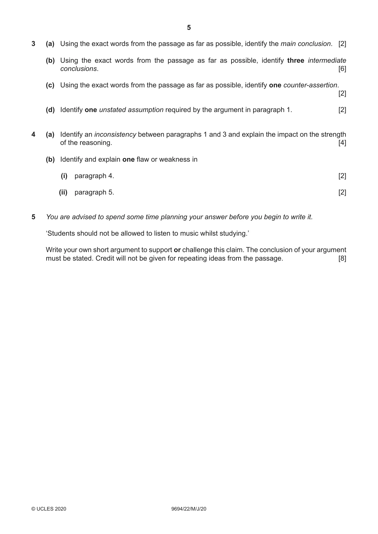Cambridge A Level Thinking Skills 9694 2020 May/June Paper 2 · Variant 2 question paper, page 5 of 8