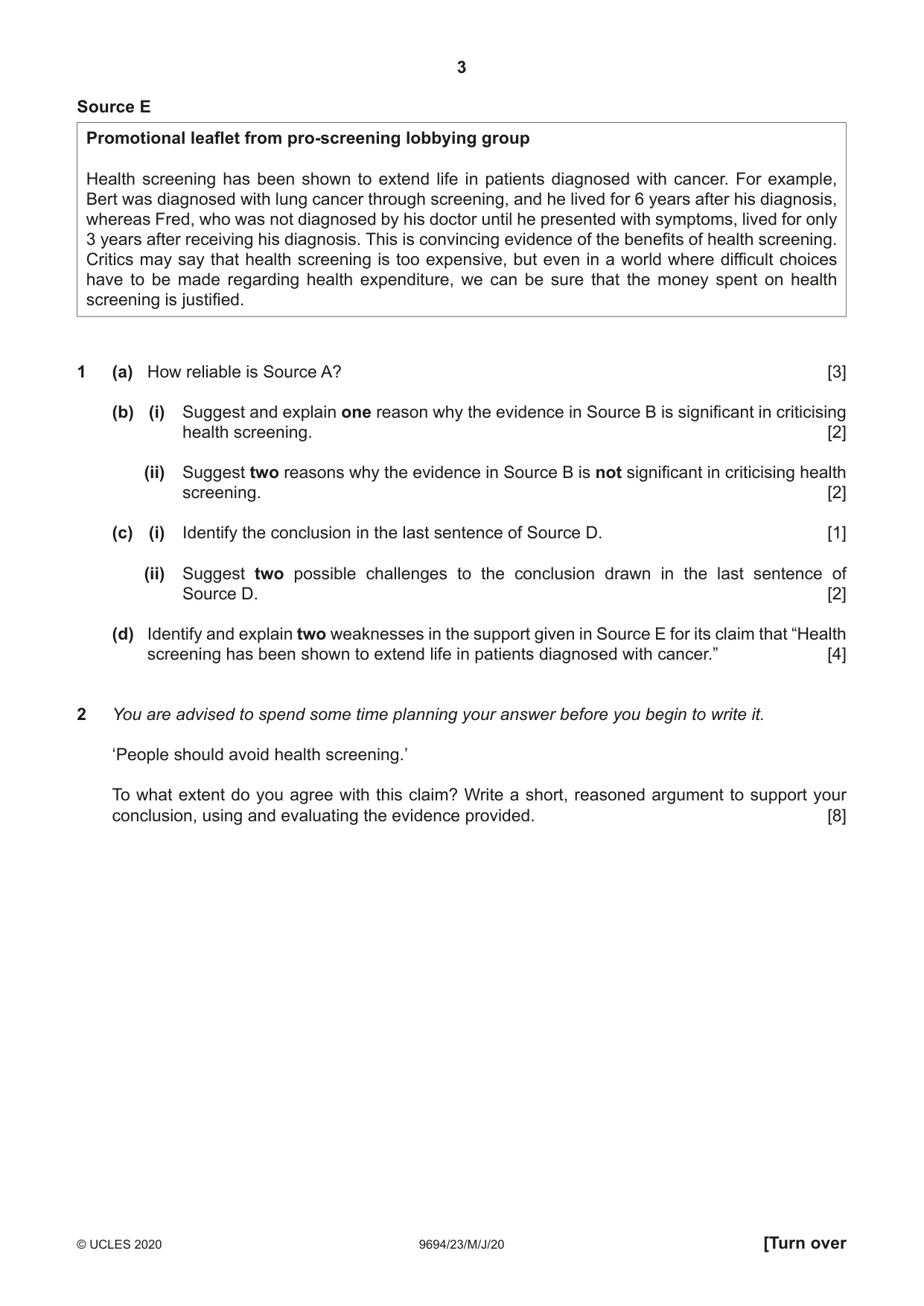 Cambridge A Level Thinking Skills 9694 2020 May/June Paper 2 · Variant 3 question paper, page 3 of 8