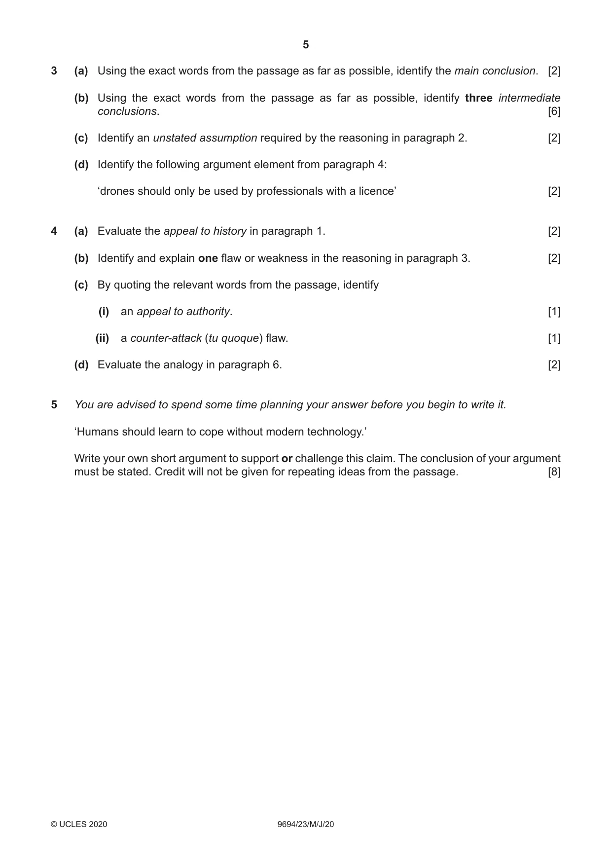 Cambridge A Level Thinking Skills 9694 2020 May/June Paper 2 · Variant 3 question paper, page 5 of 8
