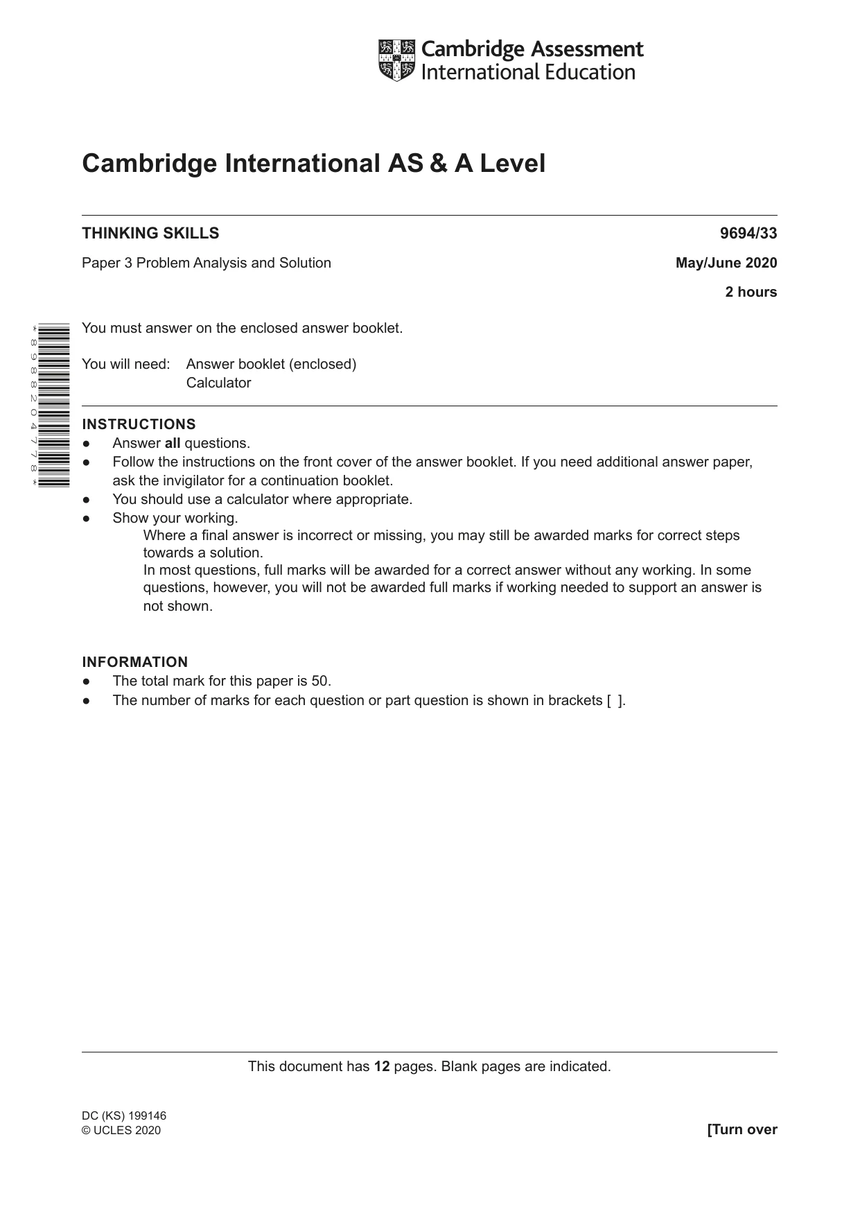Cambridge A Level Thinking Skills 9694 2020 May/June Paper 3 · Variant 3 question paper, page 1 of 12