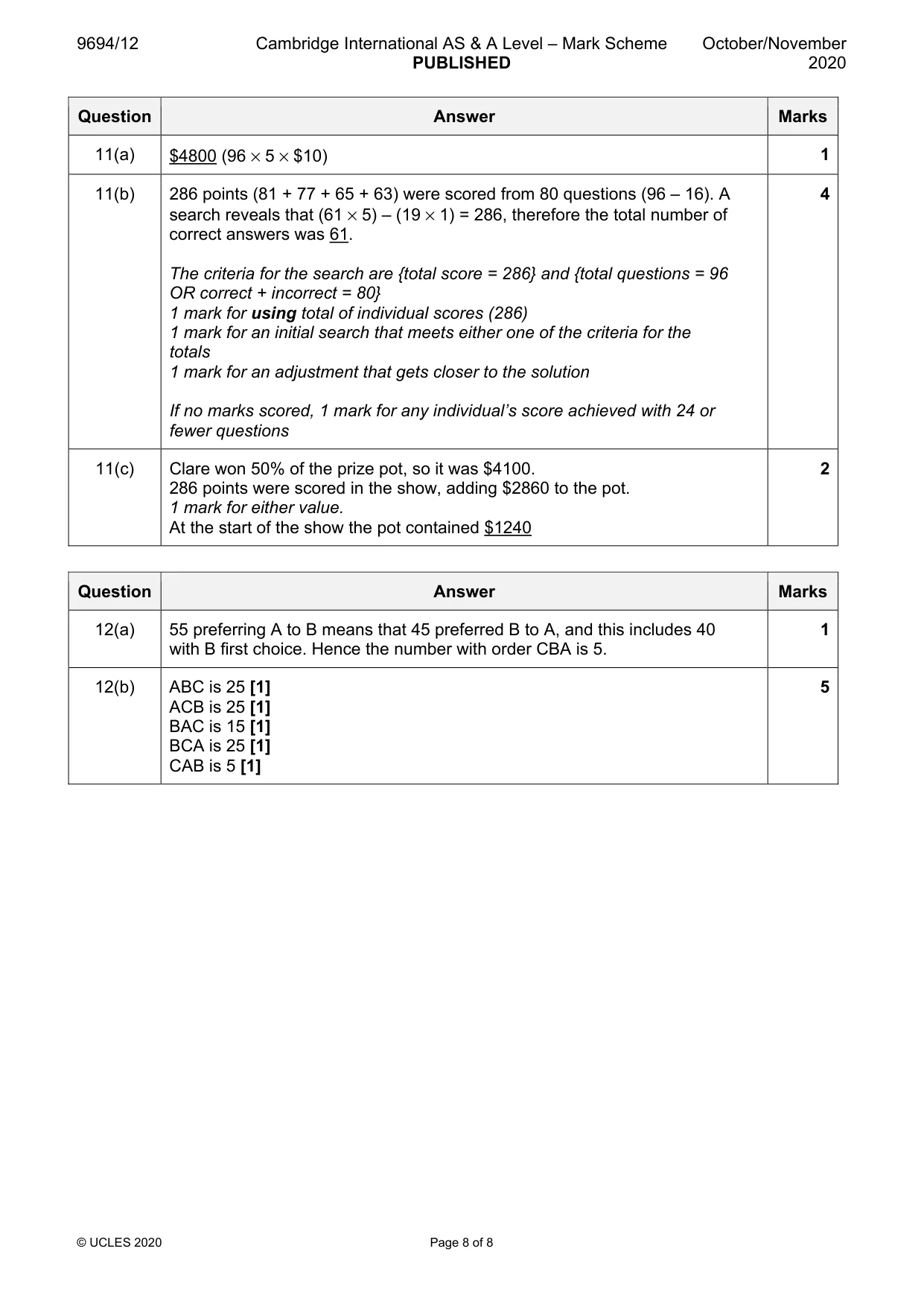 Mark scheme, page 8 of 8