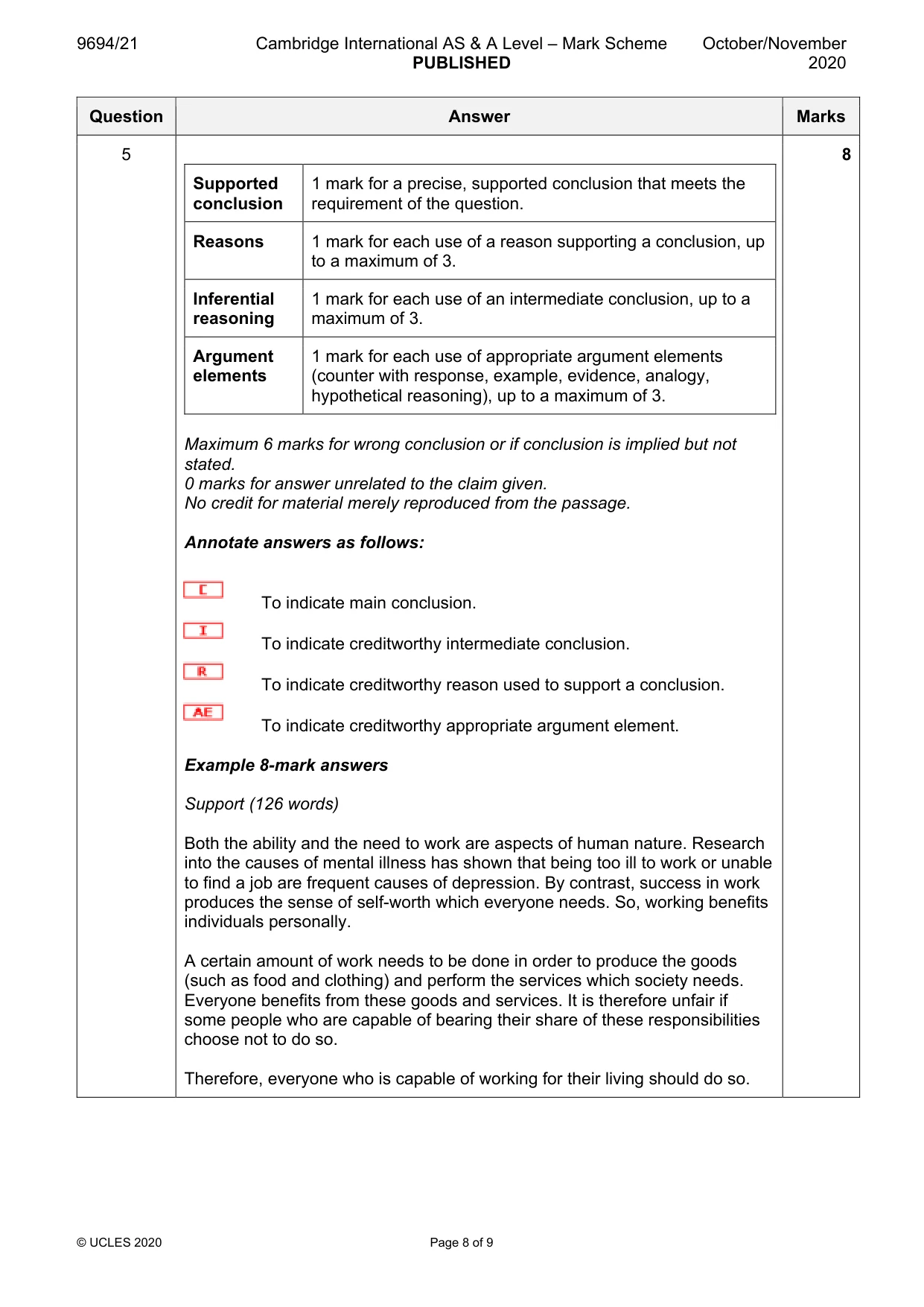 Mark scheme, page 8 of 9