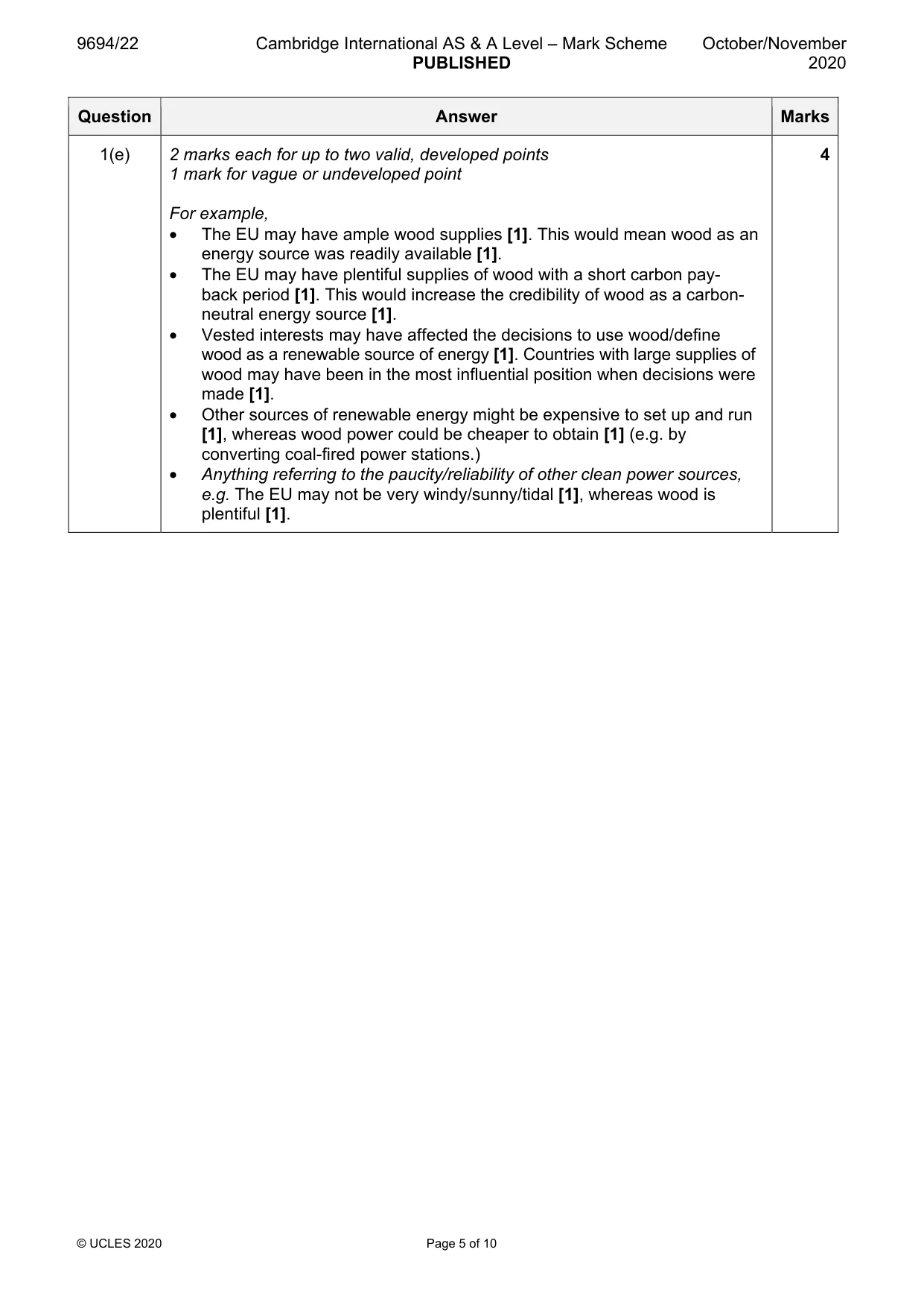 Mark scheme, page 5 of 10