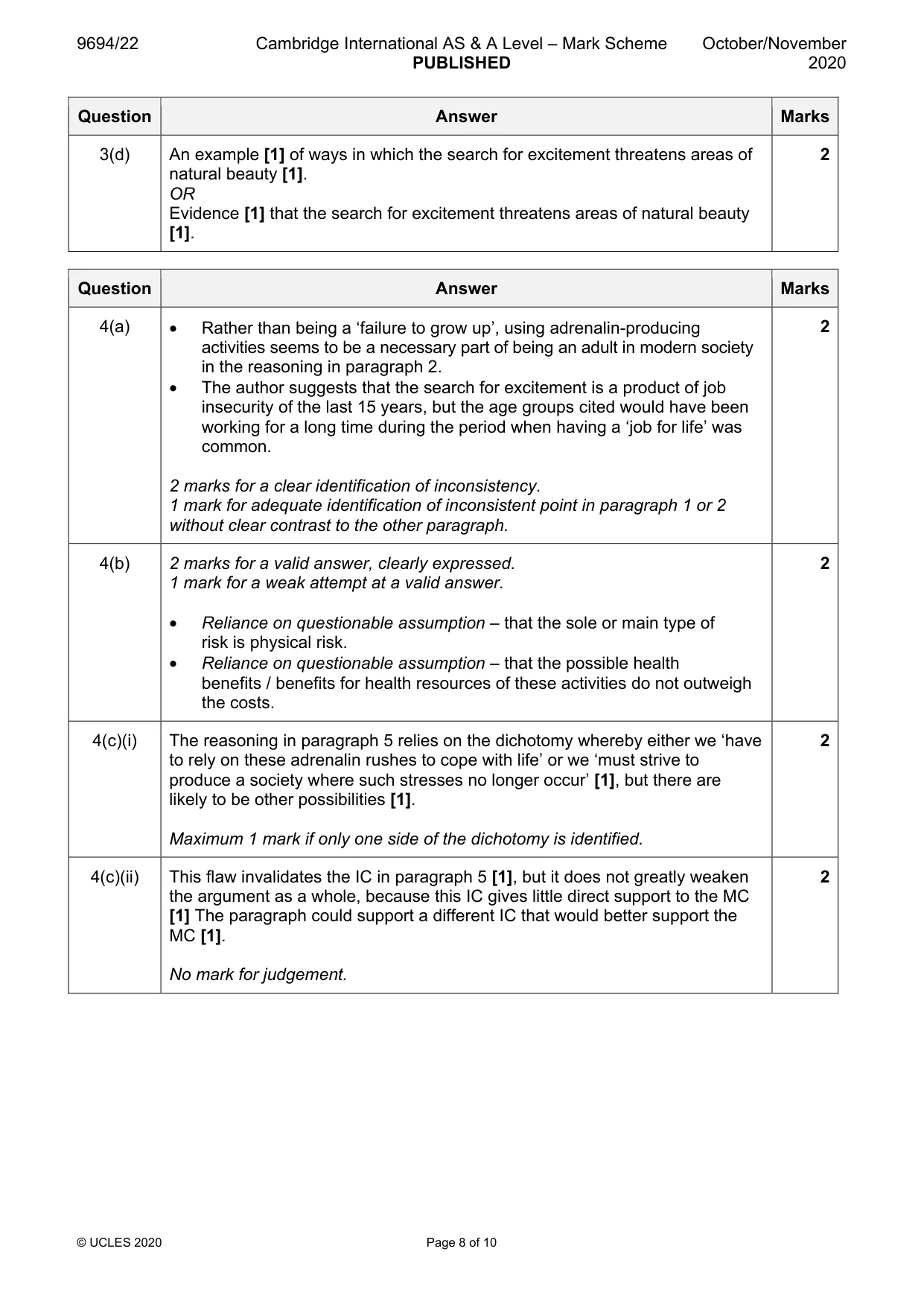 Mark scheme, page 8 of 10