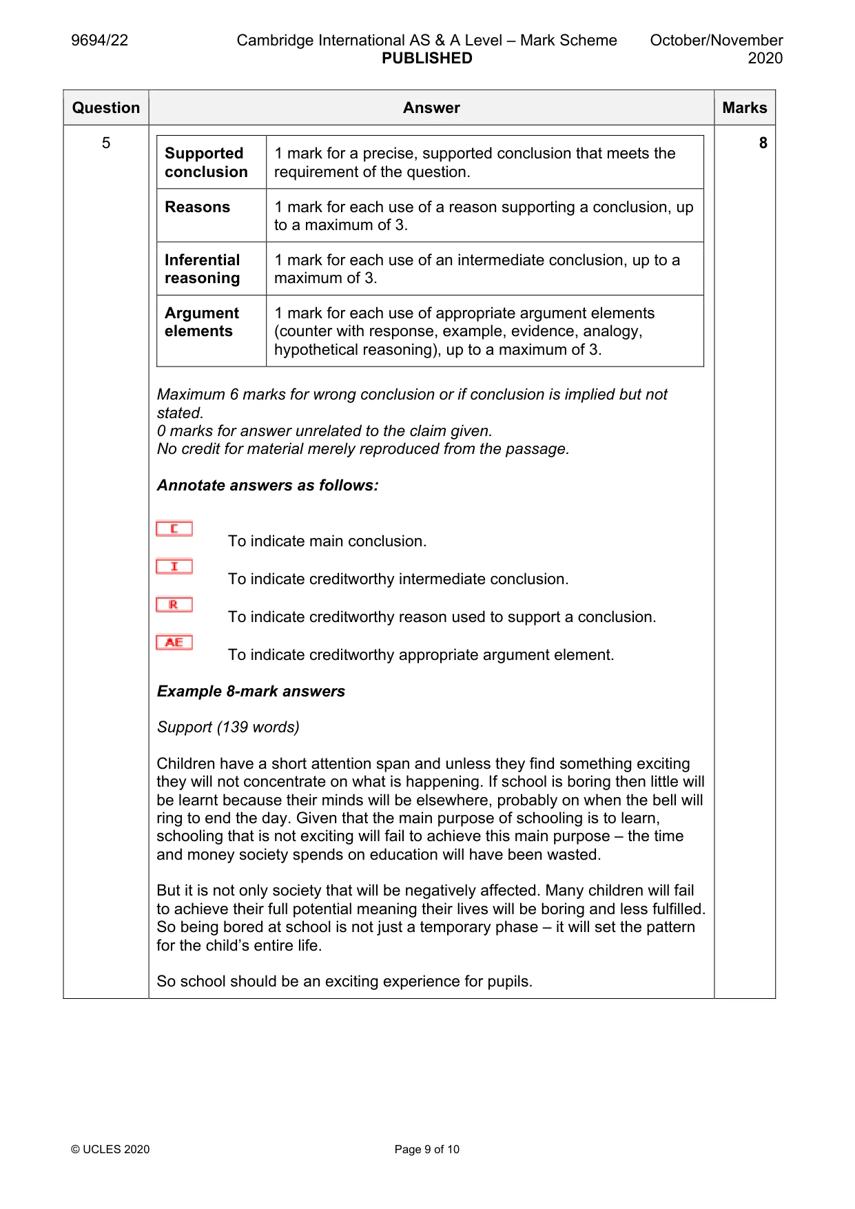 Mark scheme, page 9 of 10