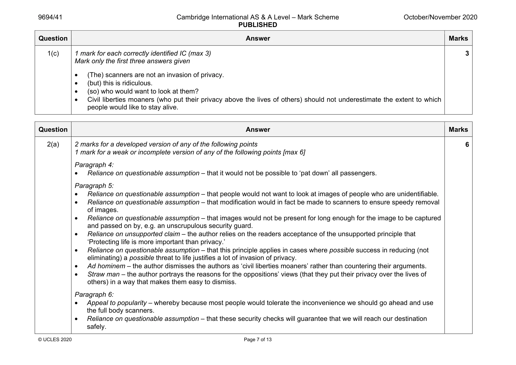 Mark scheme, page 7 of 13