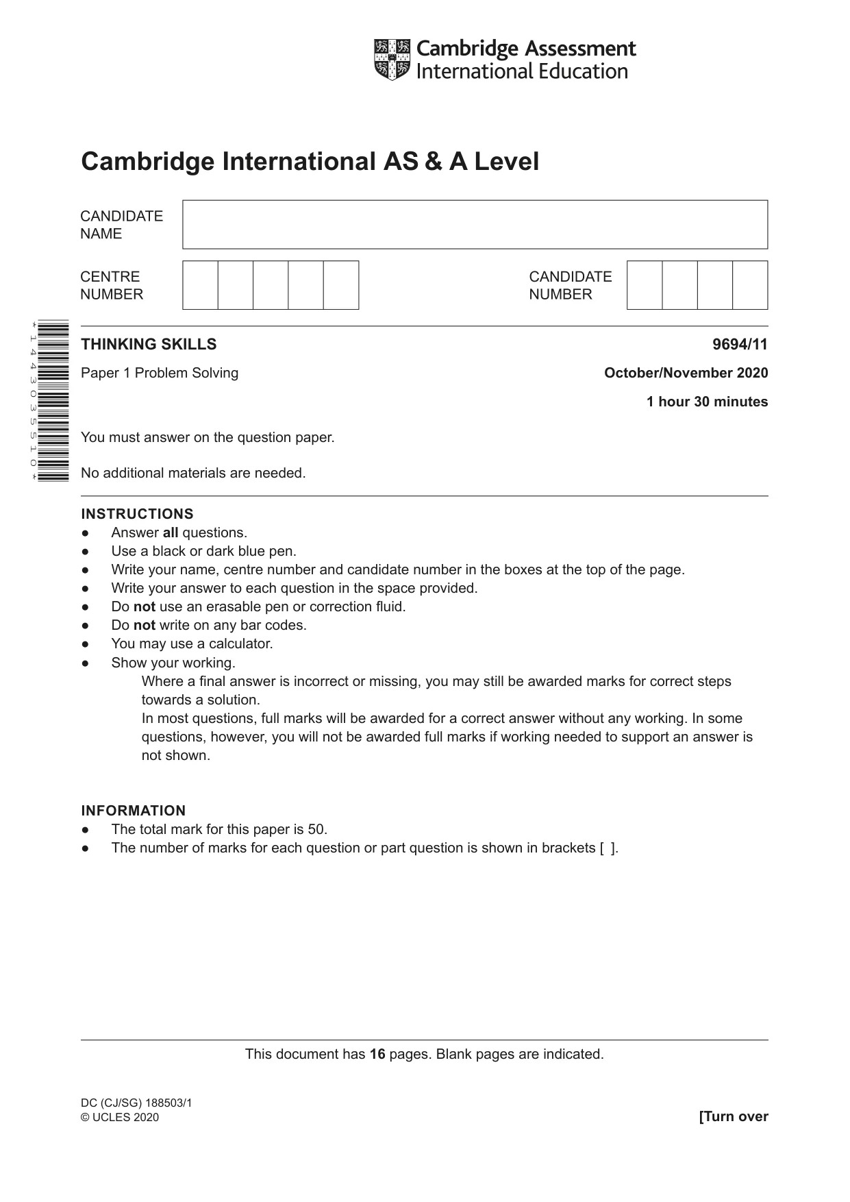 Cambridge A Level Thinking Skills 9694 2020 Oct/Nov Paper 1 · Variant 1 question paper, page 1 of 16