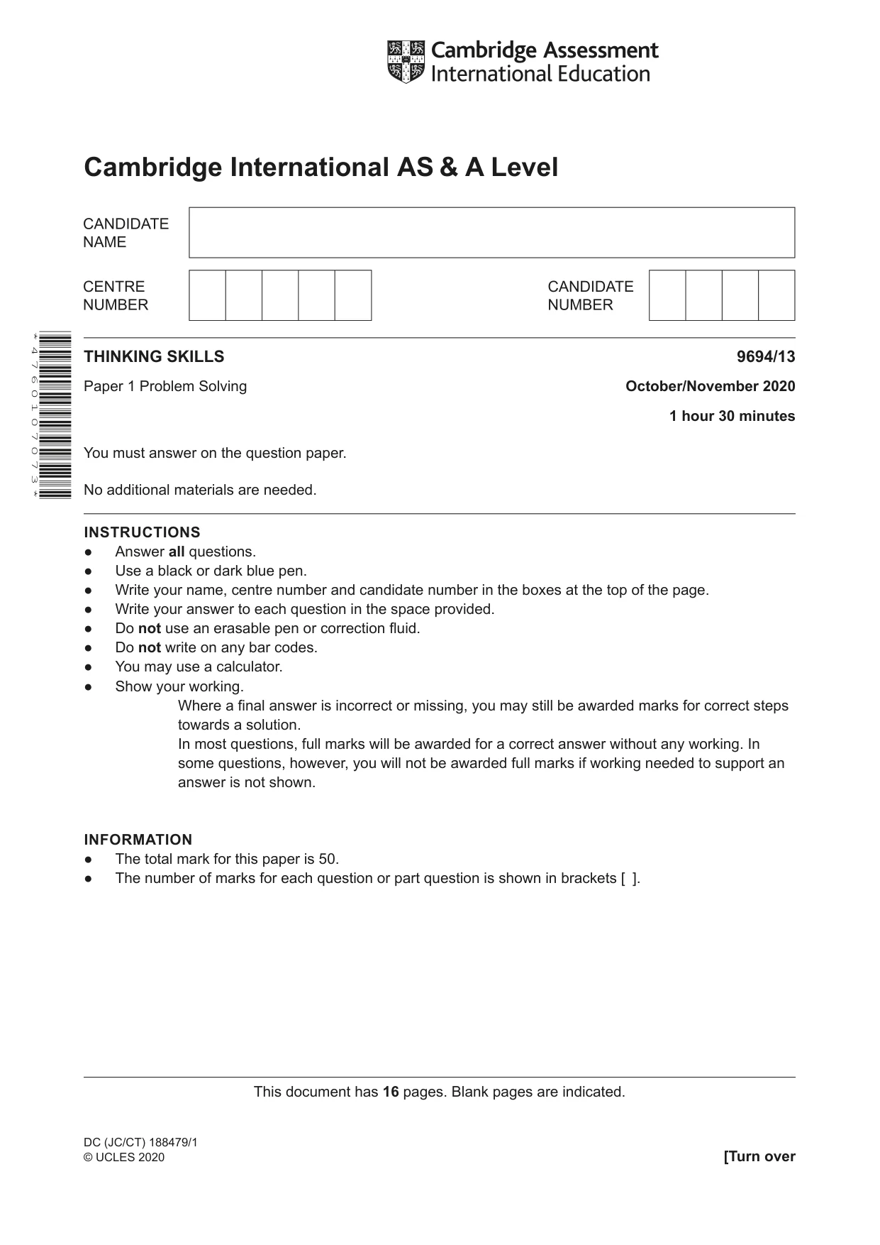 Cambridge A Level Thinking Skills 9694 2020 Oct/Nov Paper 1 · Variant 3 question paper, page 1 of 16