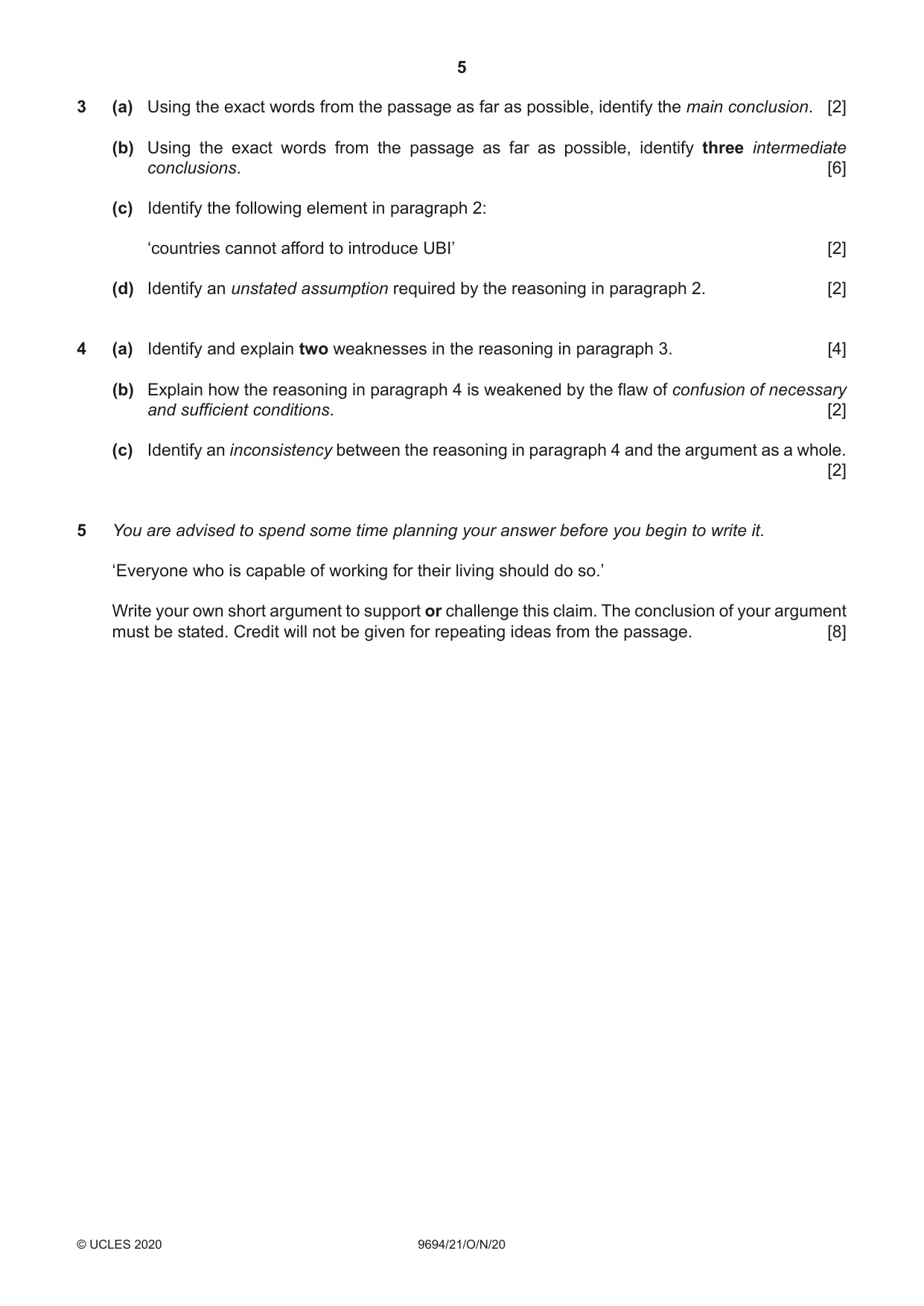 Cambridge A Level Thinking Skills 9694 2020 Oct/Nov Paper 2 · Variant 1 question paper, page 5 of 8