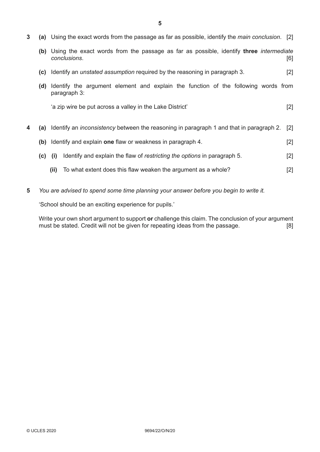 Cambridge A Level Thinking Skills 9694 2020 Oct/Nov Paper 2 · Variant 2 question paper, page 5 of 8
